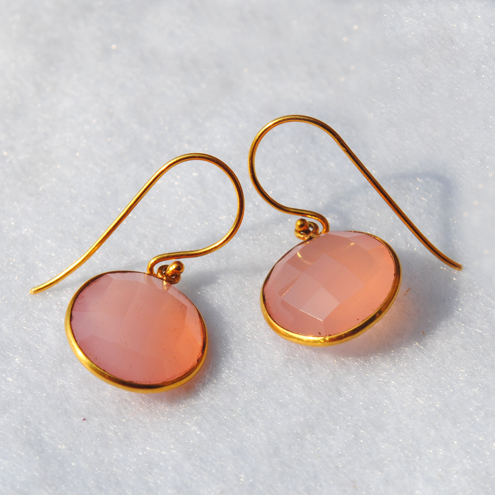 Round Pink Chalcedony 18K Gold Plated Silver Earrings