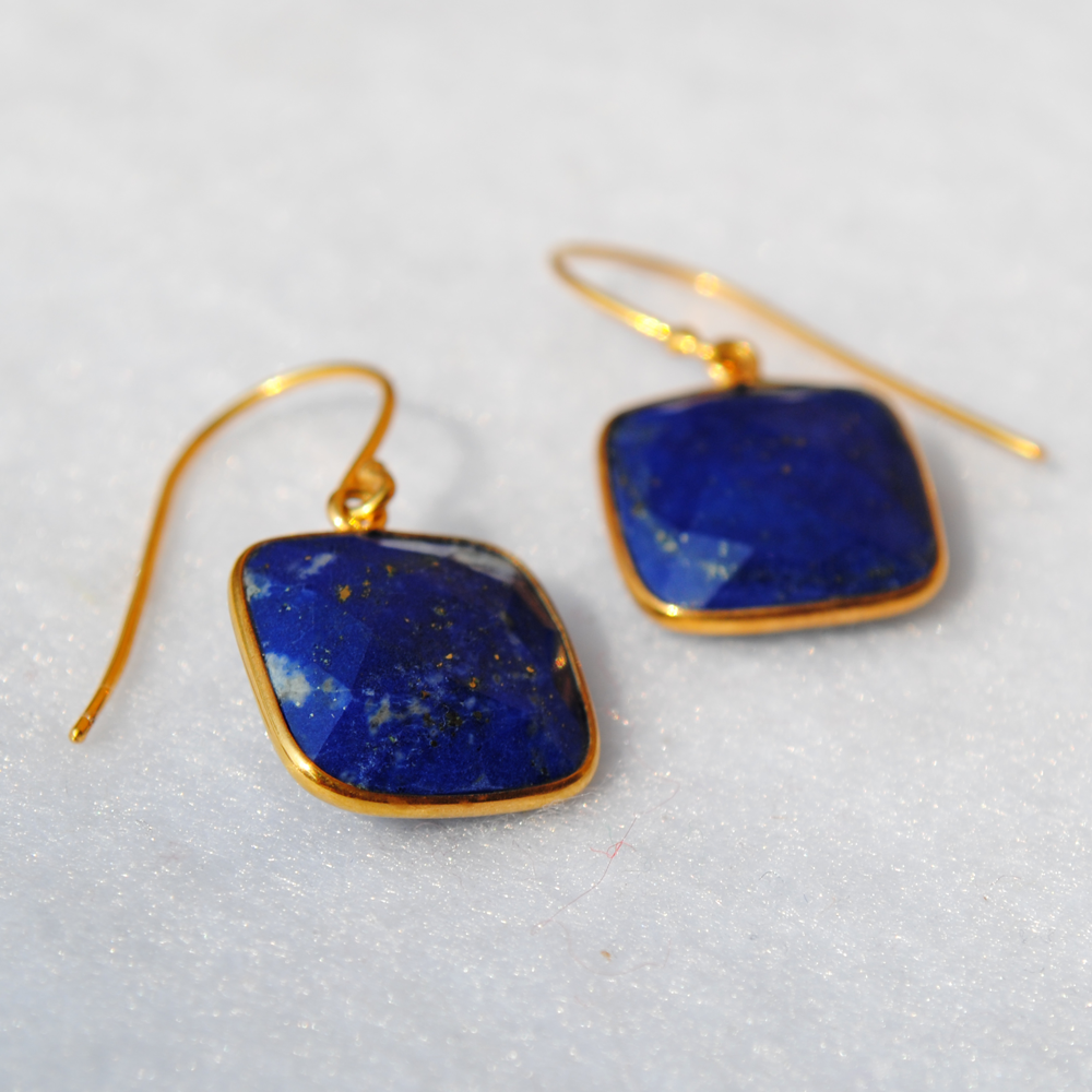 Cushion Shape Lapiz Lazuli 18K Gold Plated Silver Earrings (SME003)