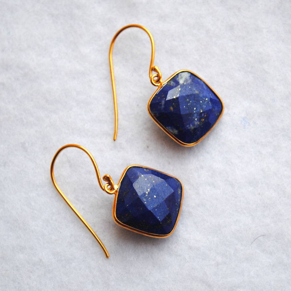Cushion Shape Lapiz Lazuli 18K Gold Plated Silver Earrings (SME003)
