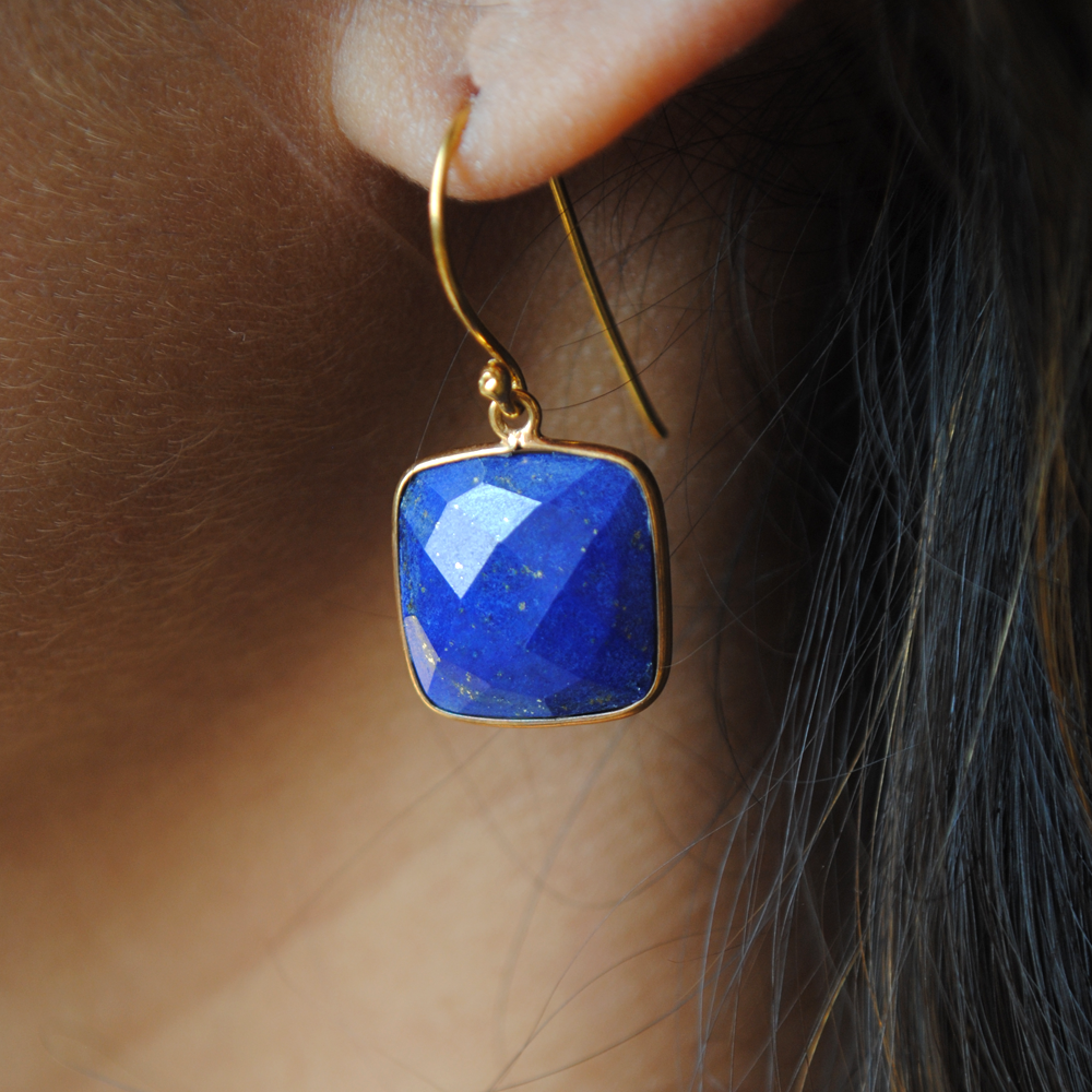 Cushion Shape Lapiz Lazuli 18K Gold Plated Silver Earrings (SME003)