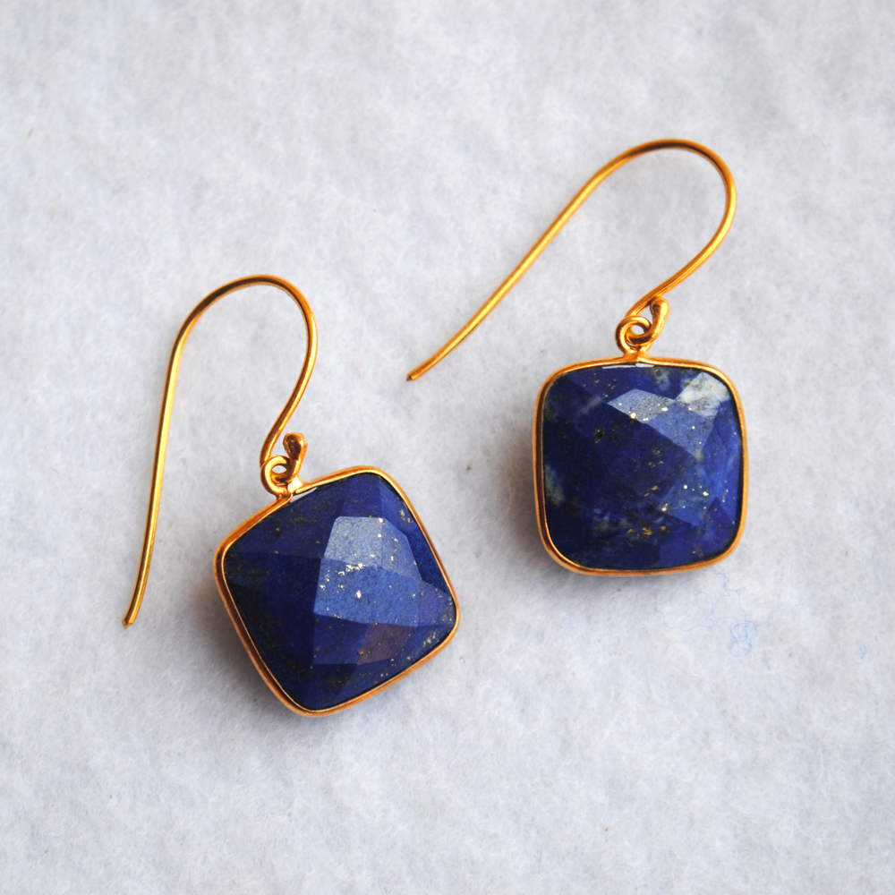 Cushion Shape Lapiz Lazuli 18K Gold Plated Silver Earrings (SME003)