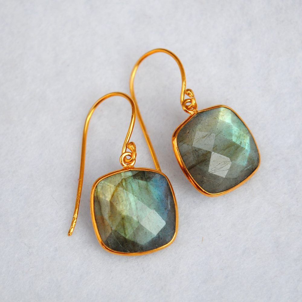 Cushion Shape Labradorite 18K Gold Plated Silver Earrings (SME004)