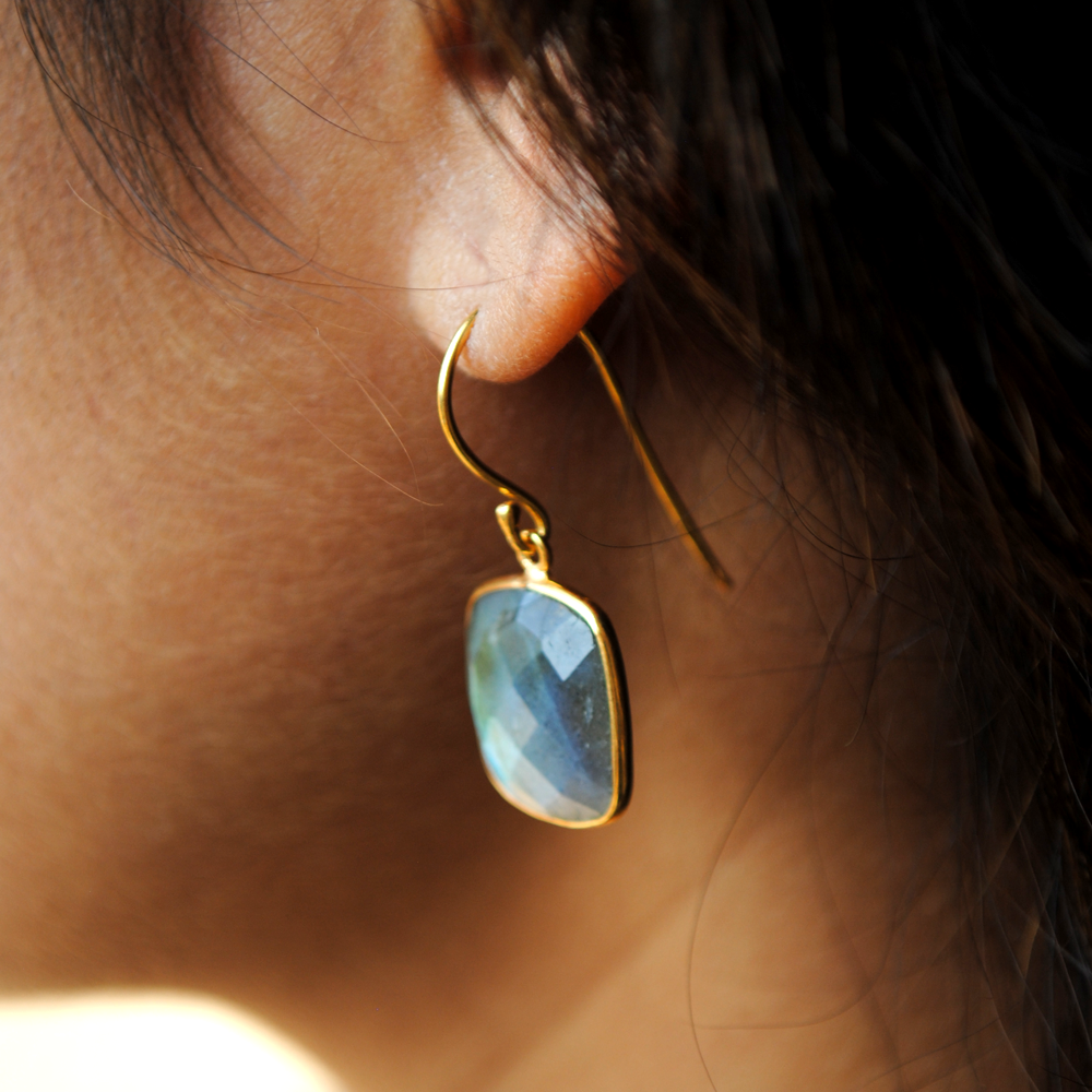 Cushion Shape Labradorite 18K Gold Plated Silver Earrings (SME004)