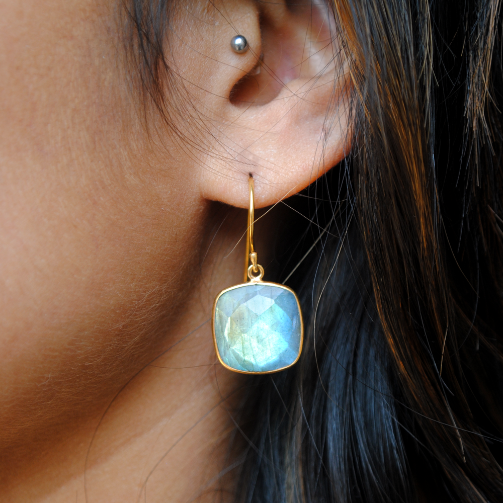 Cushion Shape Labradorite 18K Gold Plated Silver Earrings (SME004)