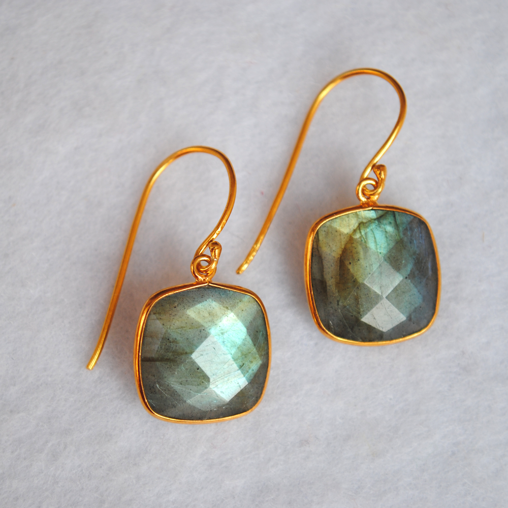 Cushion Shape Labradorite 18K Gold Plated Silver Earrings (SME004)