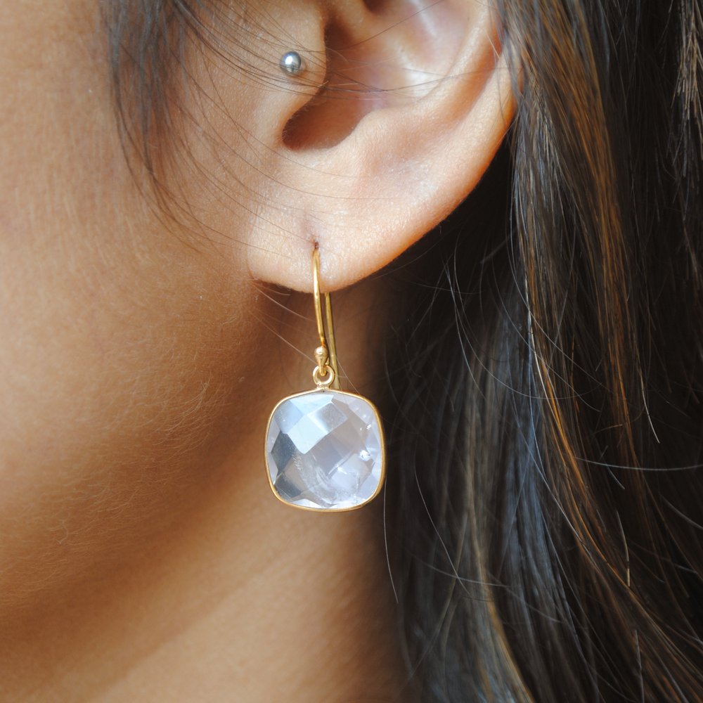 Cushion Shape Rose Quartz 18K Gold Plated Silver Earrings (SME005)