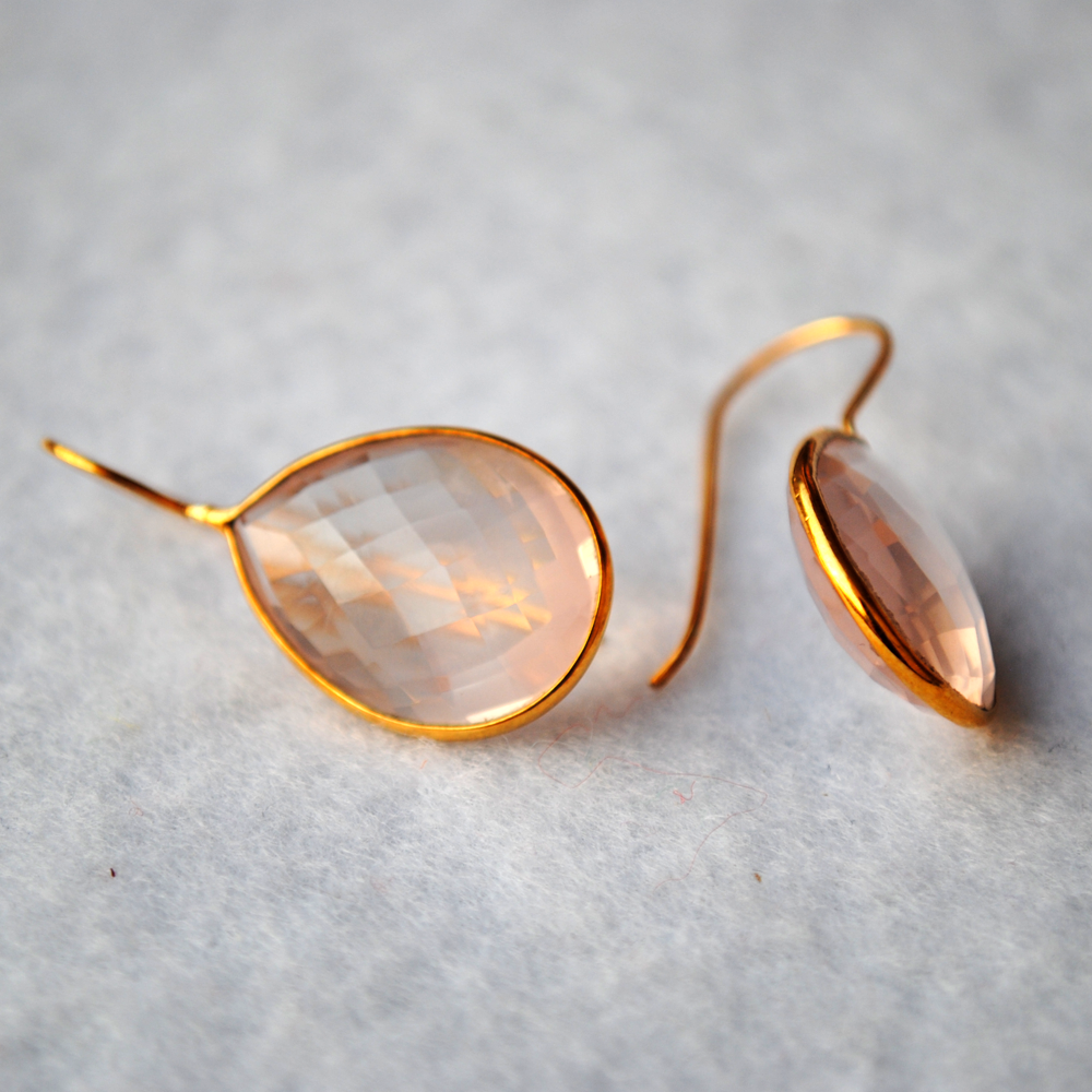 Pear Shape Rose Quartz 18K Gold Plated Silver Earrings
