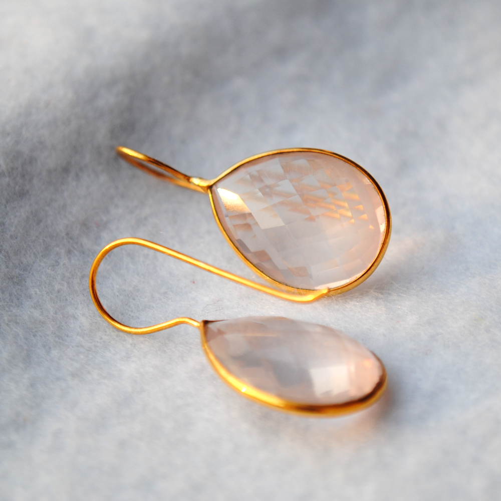 Pear Shape Rose Quartz 18K Gold Plated Silver Earrings