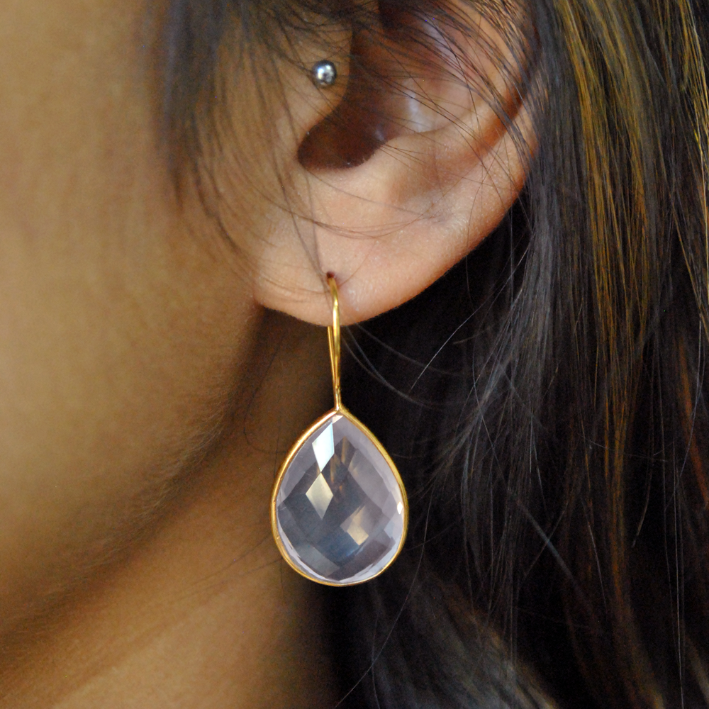 Pear Shape Rose Quartz 18K Gold Plated Silver Earrings
