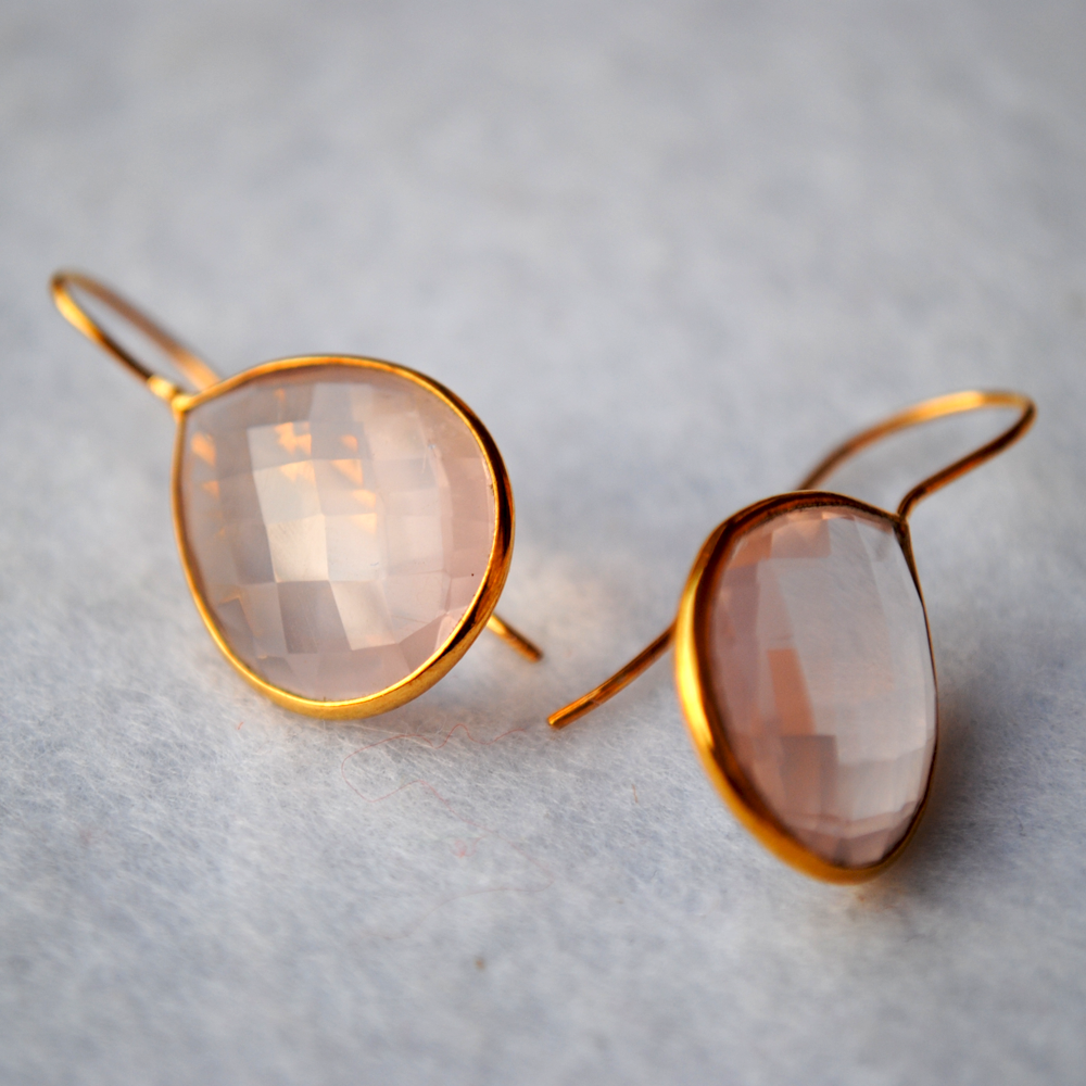 Pear Shape Rose Quartz 18K Gold Plated Silver Earrings