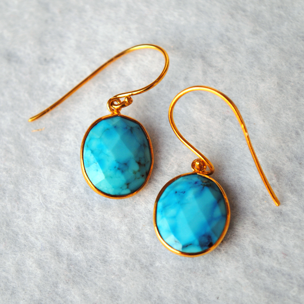 Oval Turquoise 18K Gold Plated Silver Earrings