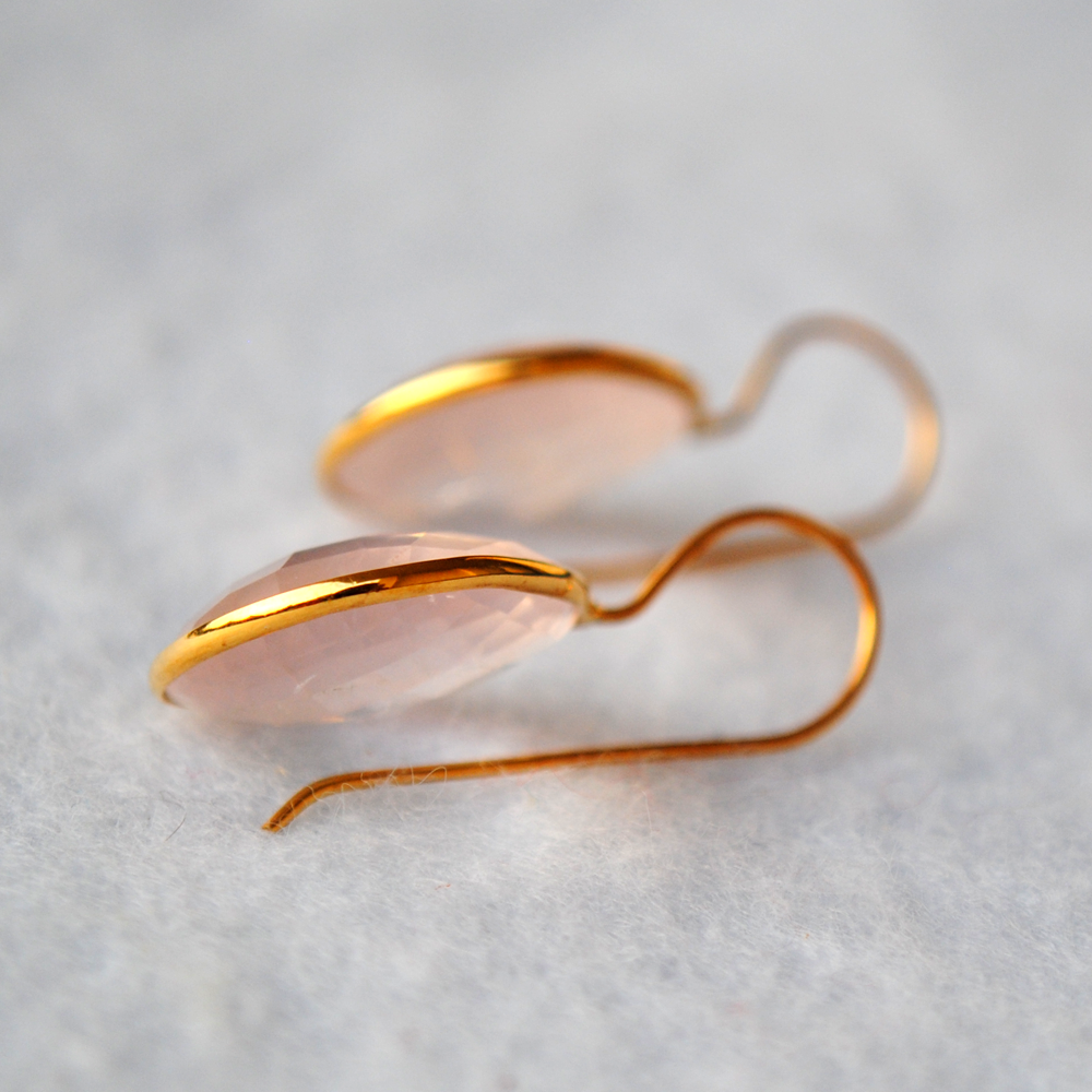 Drop Shape Rose Quartz 18K Gold Plated Silver Earrings