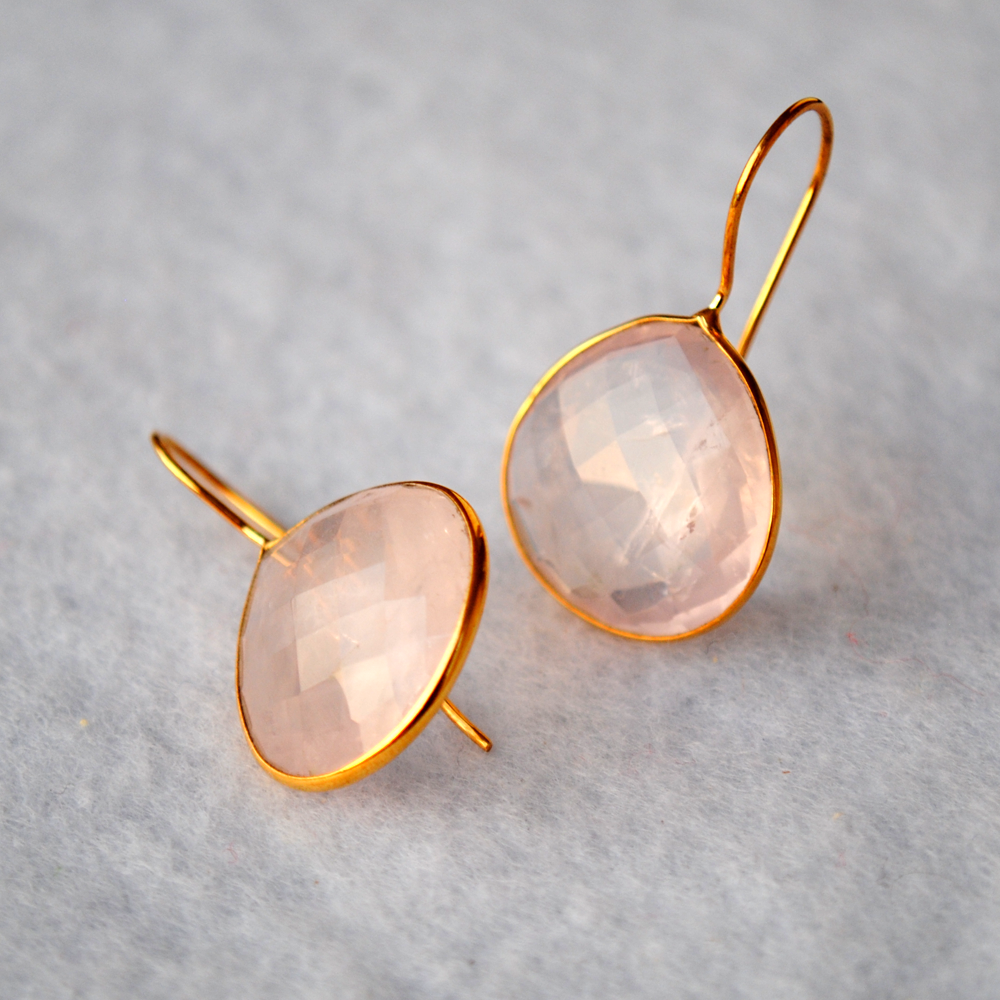 Drop Shape Rose Quartz 18K Gold Plated Silver Earrings
