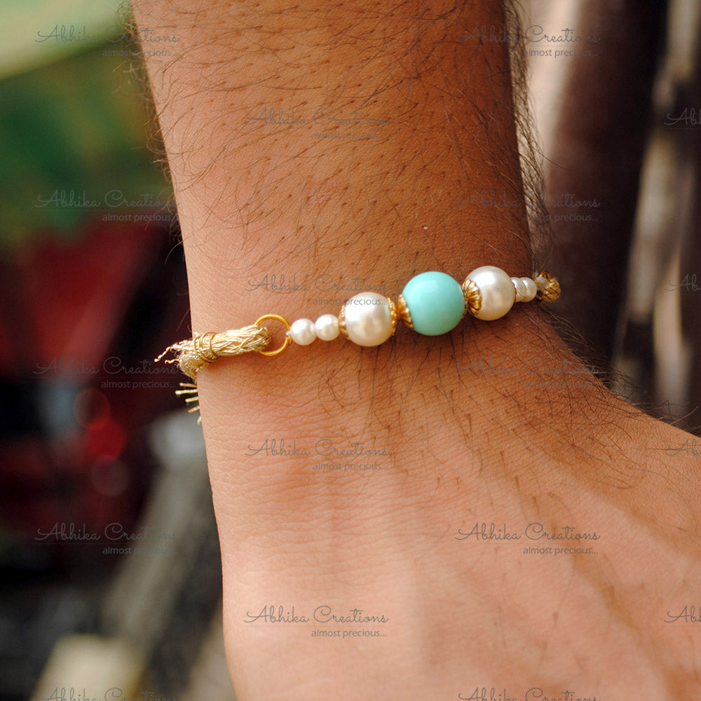 Golden Disc with Turquoise Tassel Lumba And Bhai Rakhi Combo