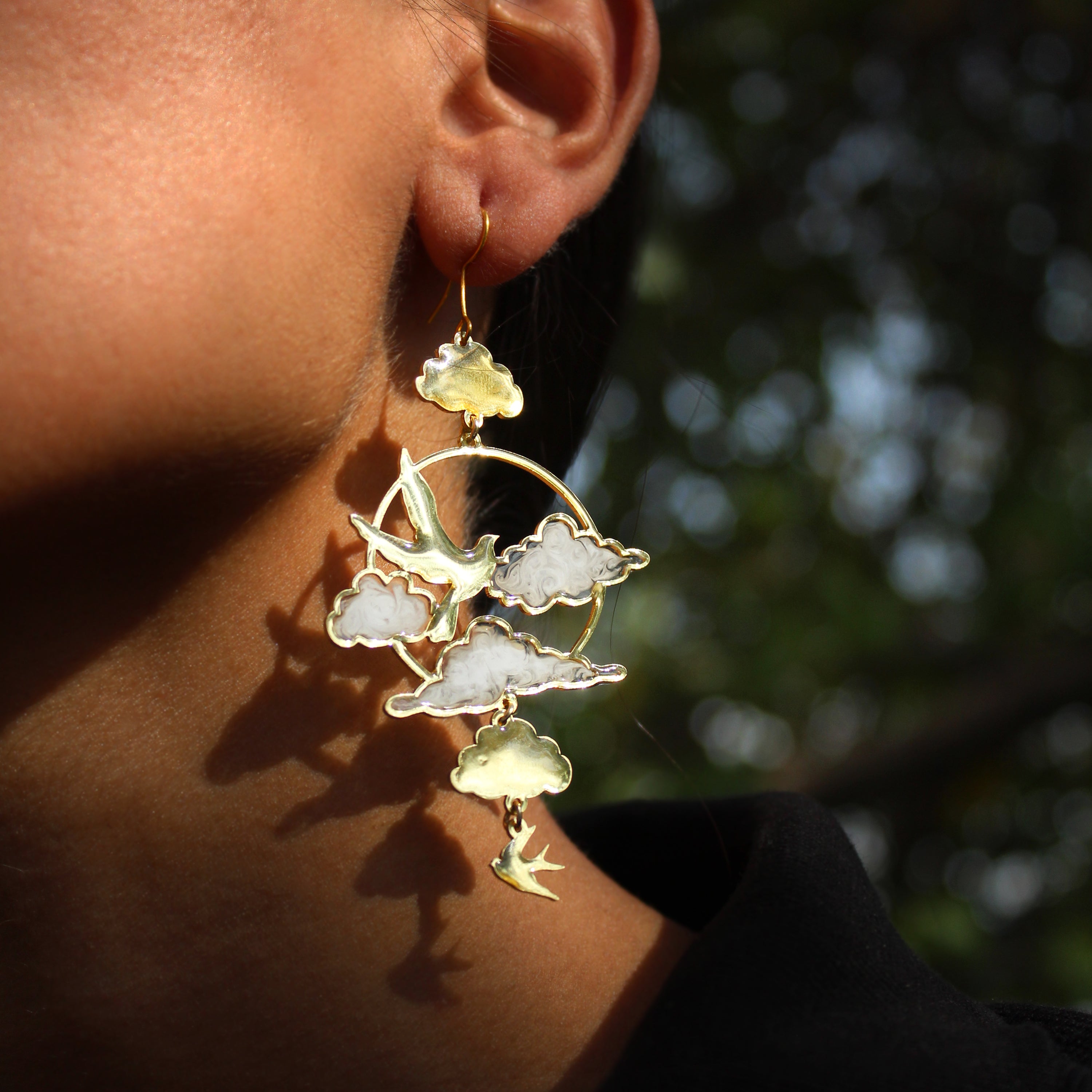 Clouds & Birds White Resin Earrings