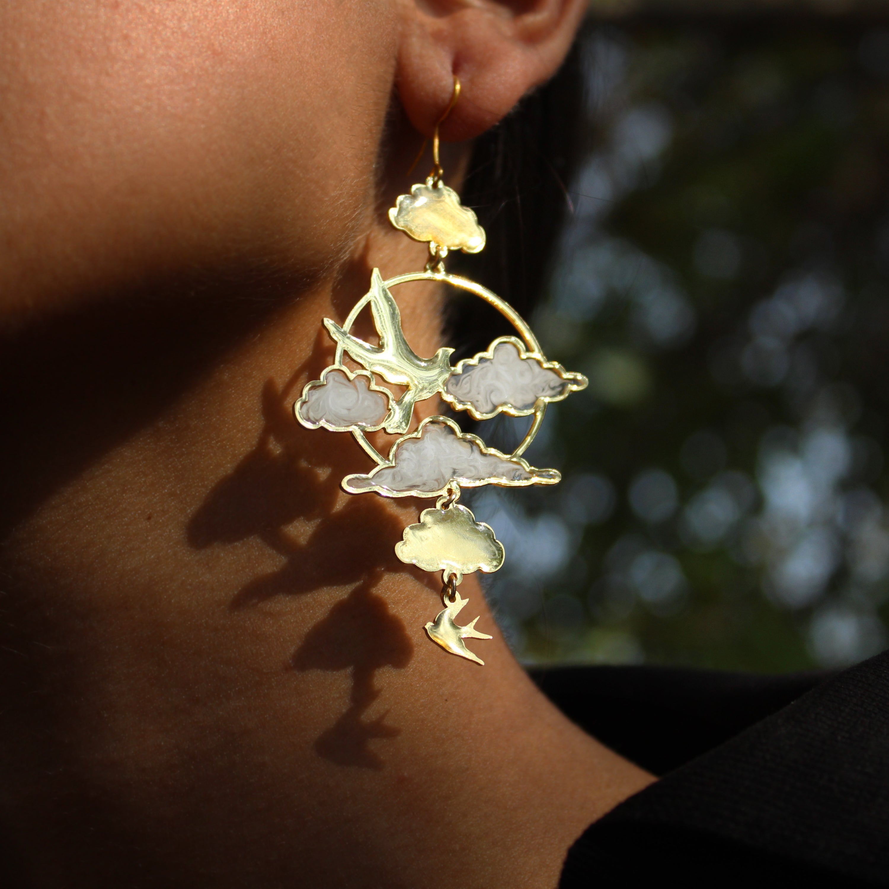 Clouds & Birds White Resin Earrings