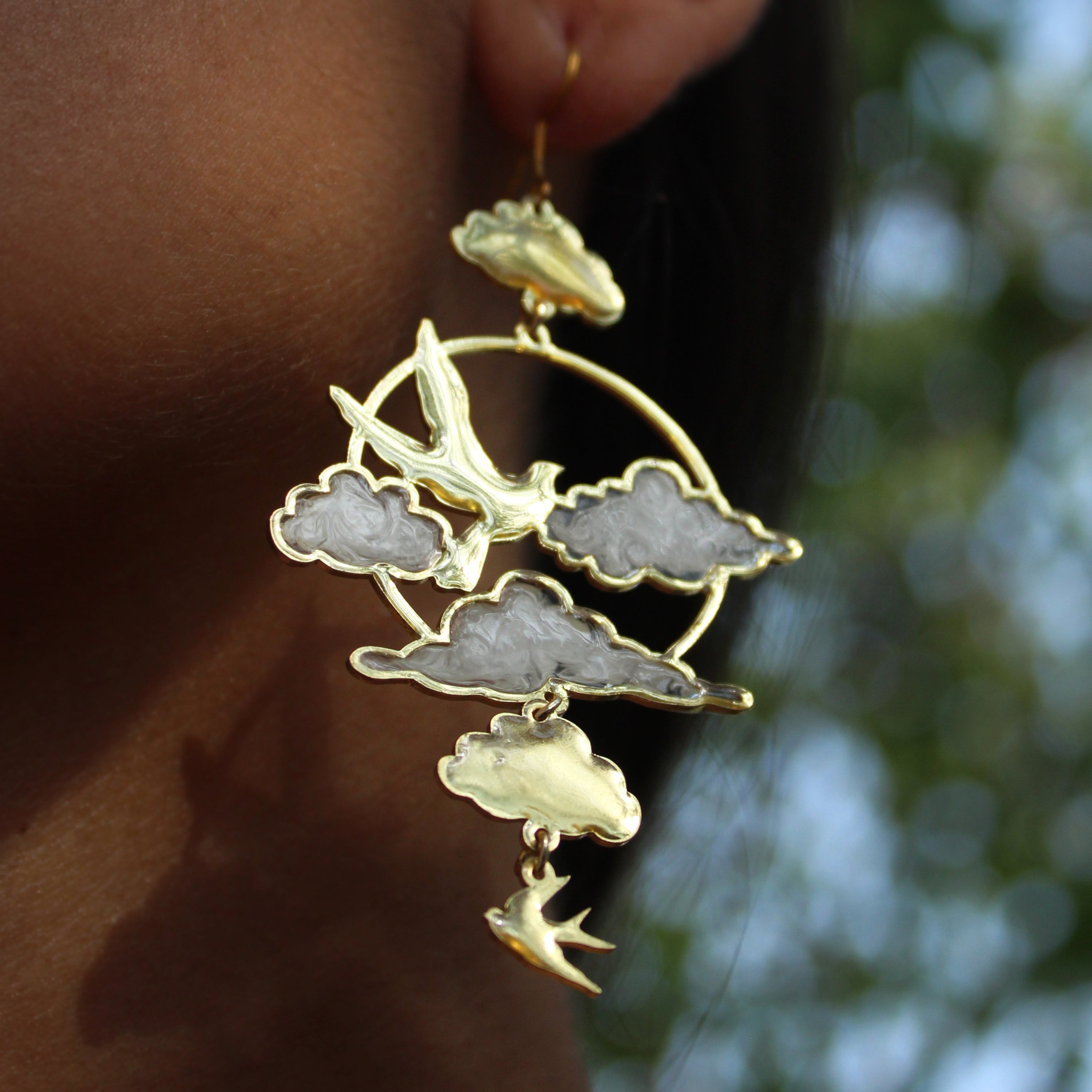 Clouds & Birds White Resin Earrings