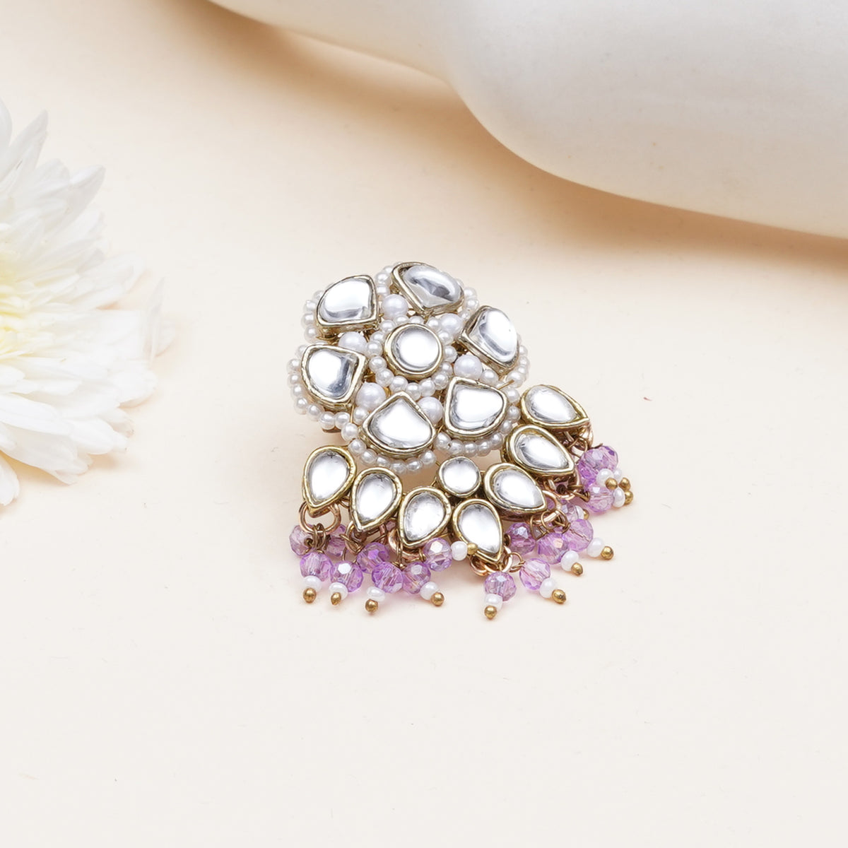 Sahaj — Floral Kundan Ring with Purple Bead Fringe