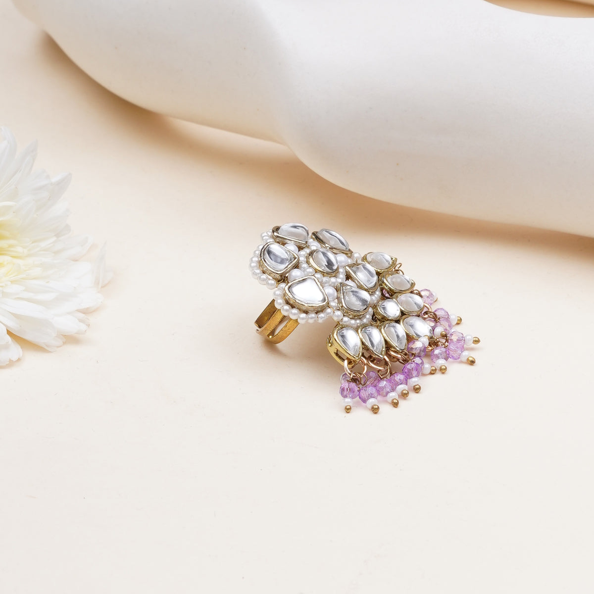 Sahaj — Floral Kundan Ring with Purple Bead Fringe