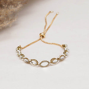 Golden Oval Shape Kundan & White Pearl Adjustable Bracelet - BeAbhika.com
