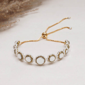 Golden Circular Kundan With White Pearls Adjustable Bracelet - BeAbhika.com