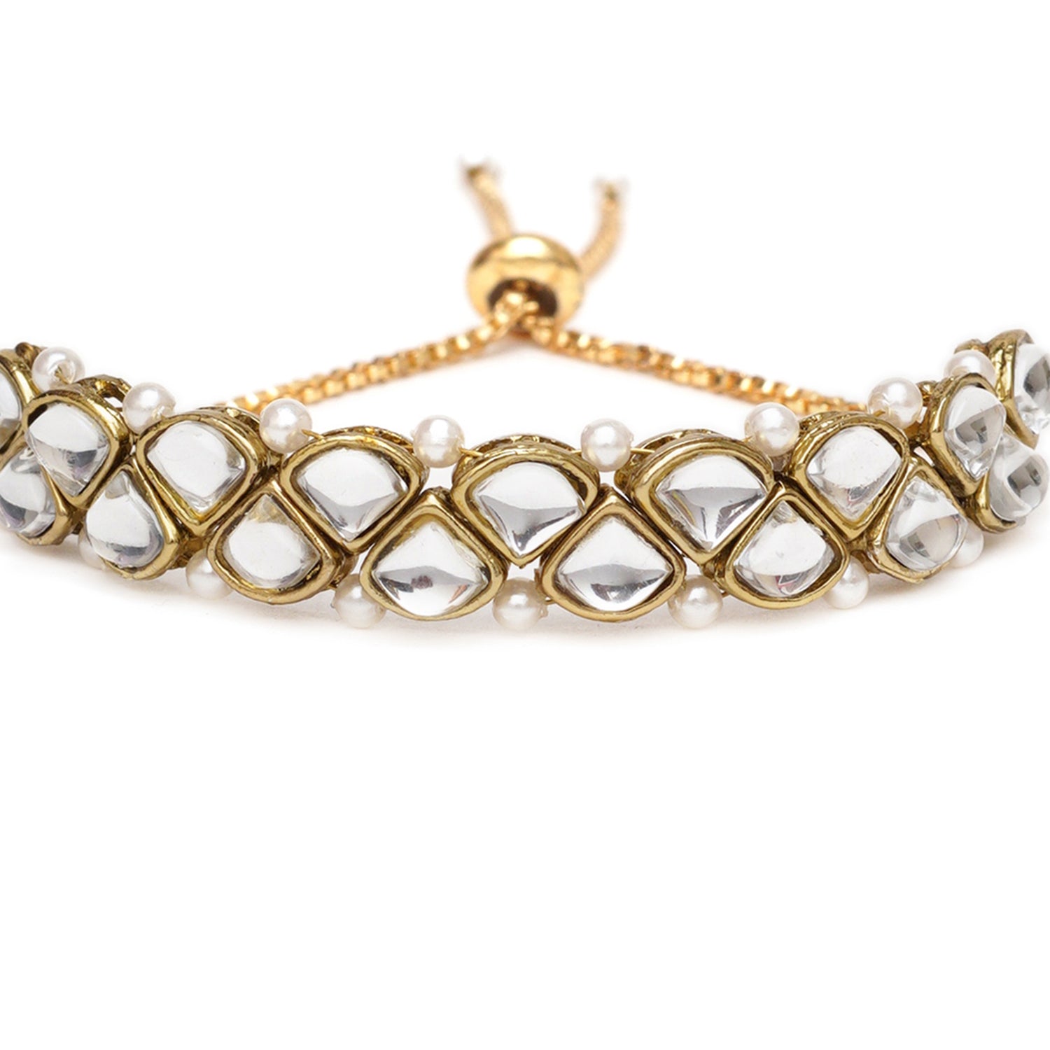 Golden Triangle Kundan With White Pearls Adjustable Bracelet