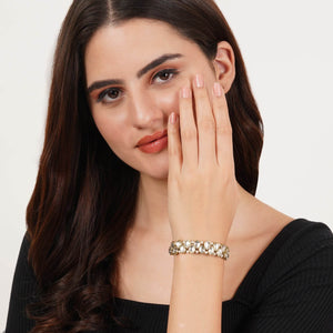 Golden Double Layer Tilak Kundan With White Pearls Adjustable Bracelet - BeAbhika.com