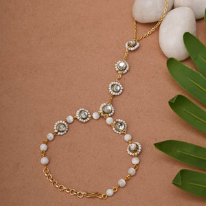 Golden Round Kundan With White Pearls Adjustable Hathphool Bracelet - BeAbhika.com