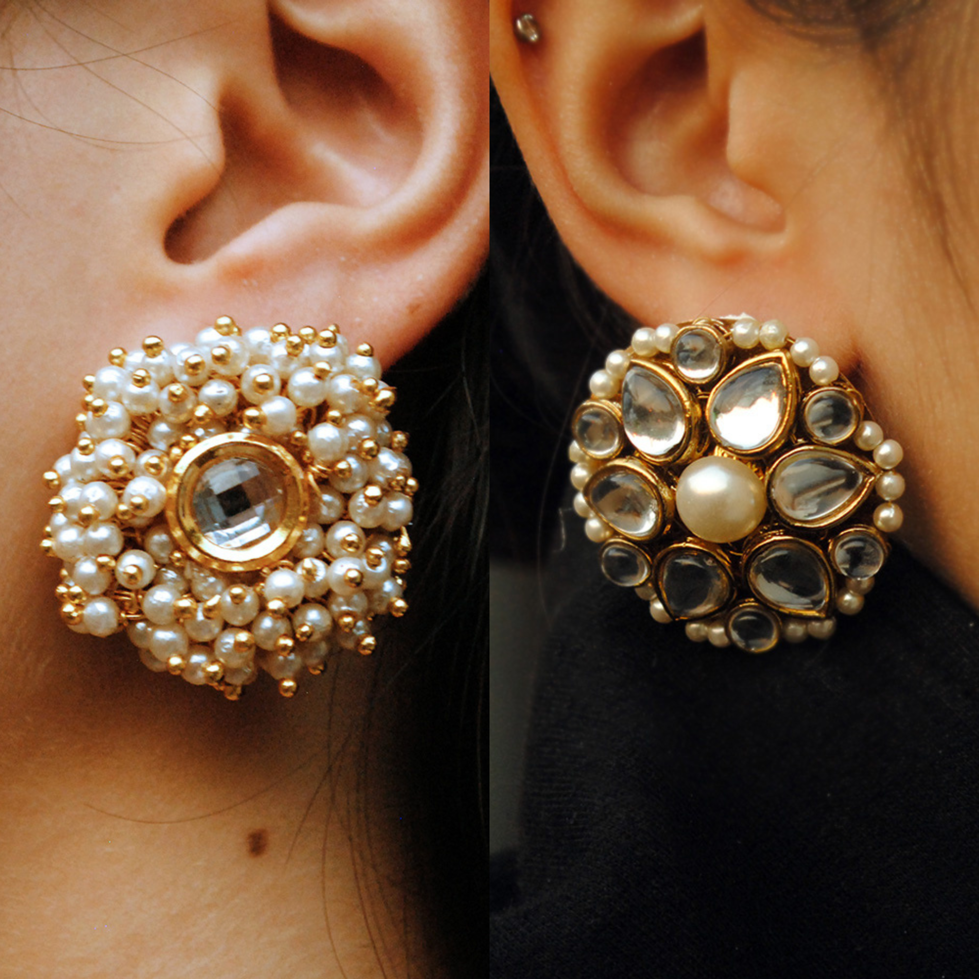 Kundan And Pearl Studs Set Of 2 Pair Earrings