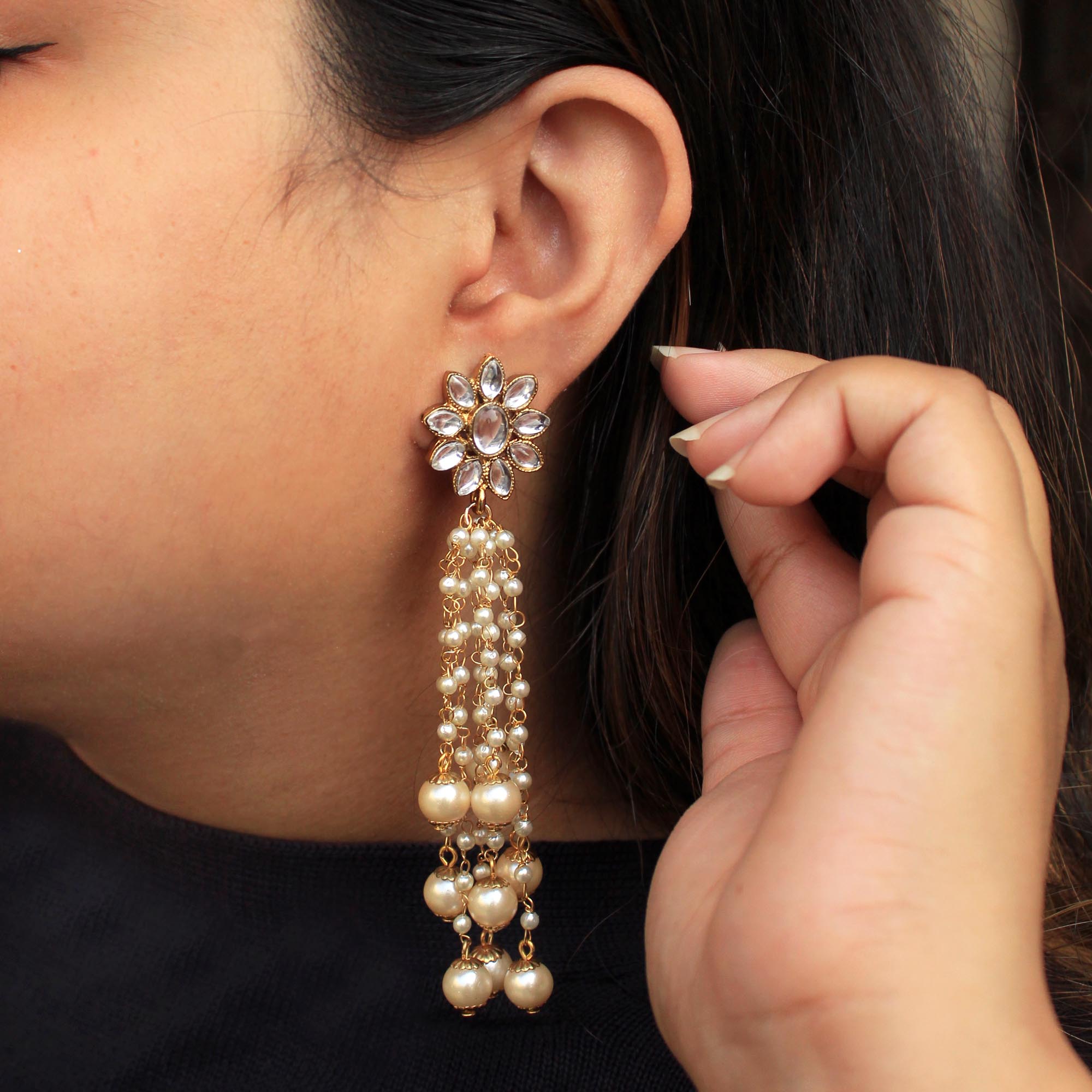 Kundan Stud Pearl Tassel Earrings