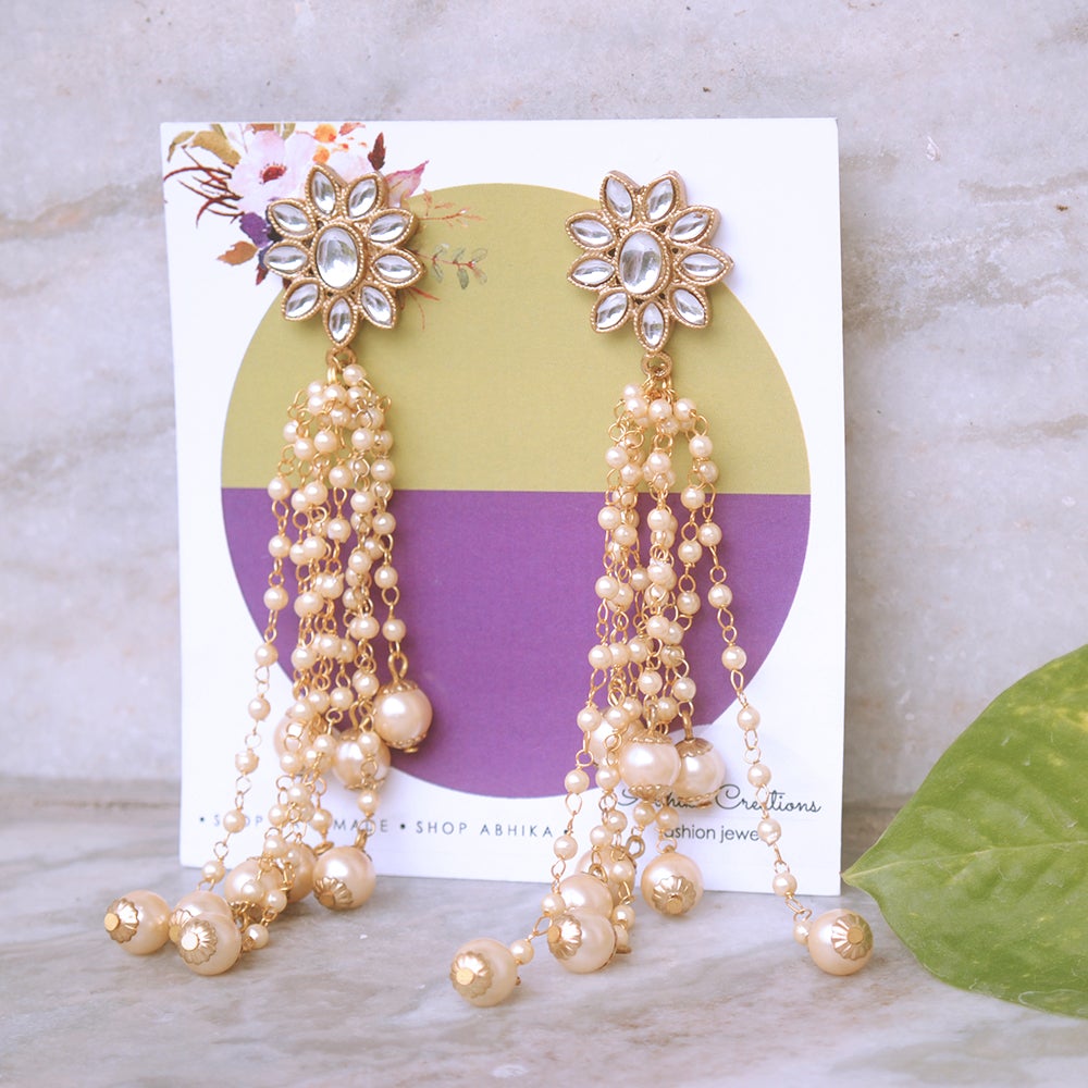 Kundan Stud Pearl Tassel Earrings