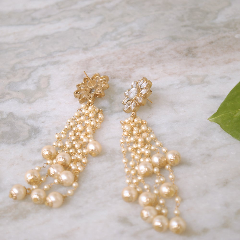 Kundan Stud Pearl Tassel Earrings