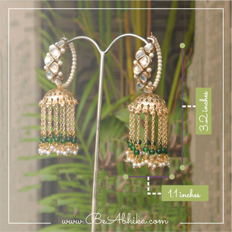    	 BeAbhika Handmade Artificial Jewelry Green Color Kundan Jhumki Hoop Earrings Gold Tone Handmade Earrings Traditional Kundan Heavy Earrings Hoops Green Hoop Big Jhumka Style Dangling Ethnic Dress Matching Earrings Gift For Women Available On COD In India Heeramandi Style Jewelry