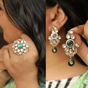 Green Kundan Amore Ring And Earrings Set - BeAbhika.com