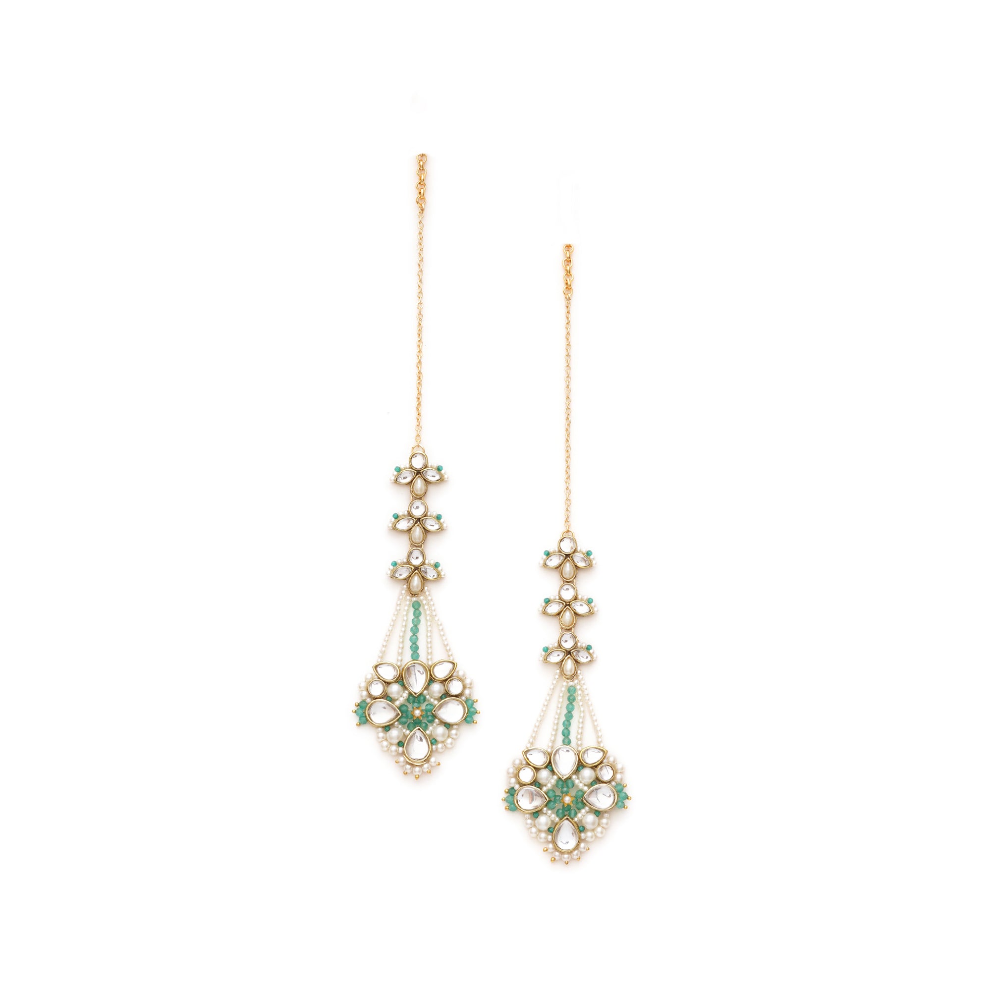 Gold Tone Green Beads Kundan Kanauti Earrings