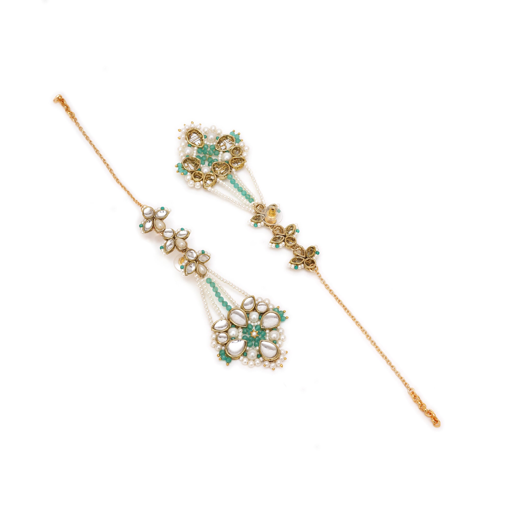 Gold Tone Green Beads Kundan Kanauti Earrings