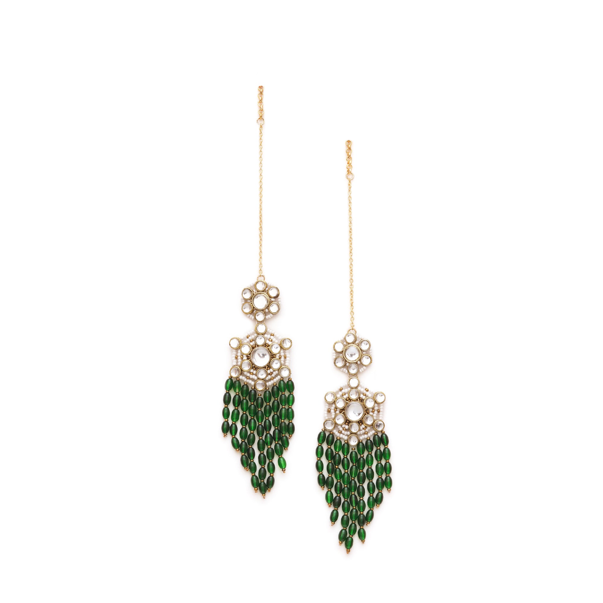 Gold Tone Green Dangling Beads Kundan Kanauti Earrings