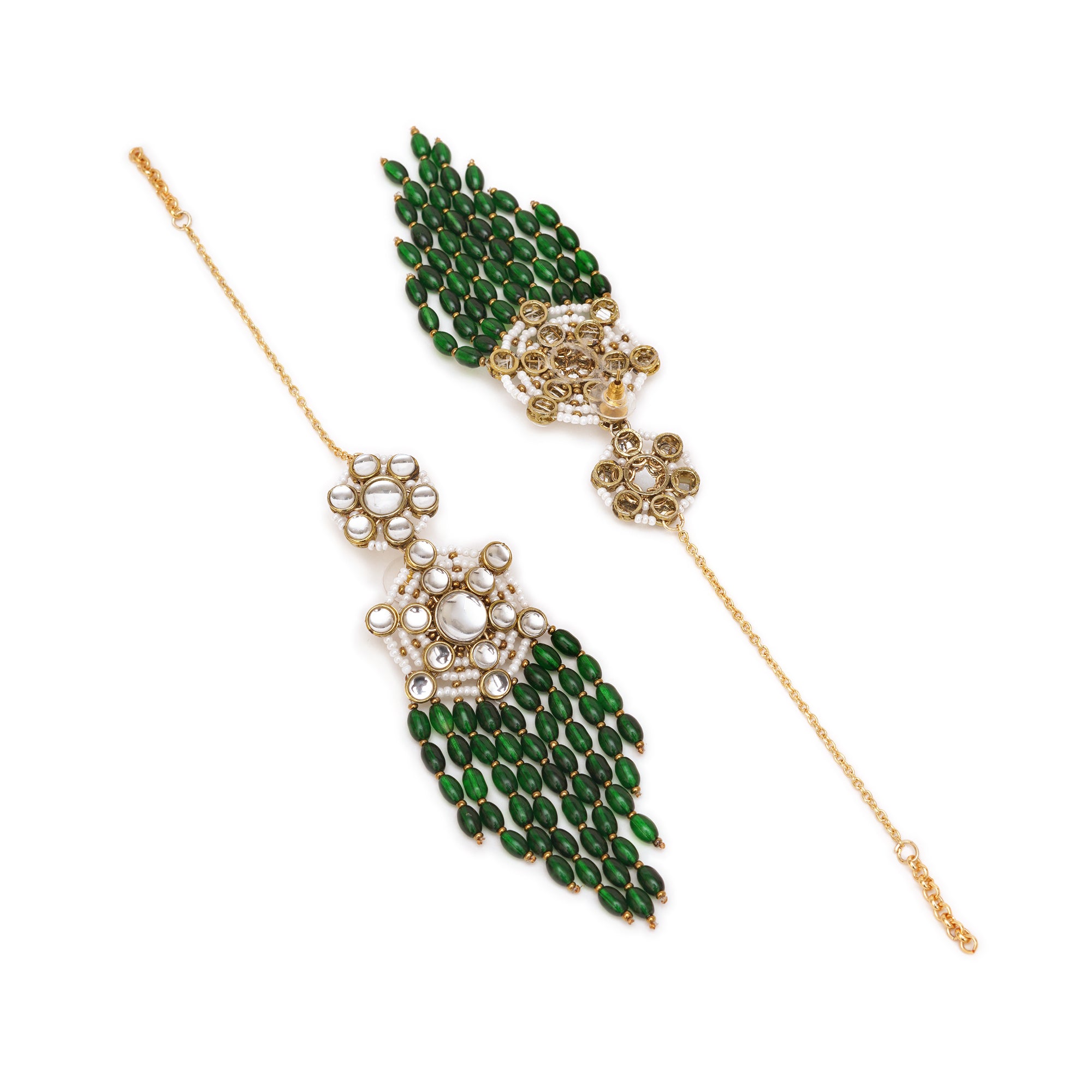 Gold Tone Green Dangling Beads Kundan Kanauti Earrings