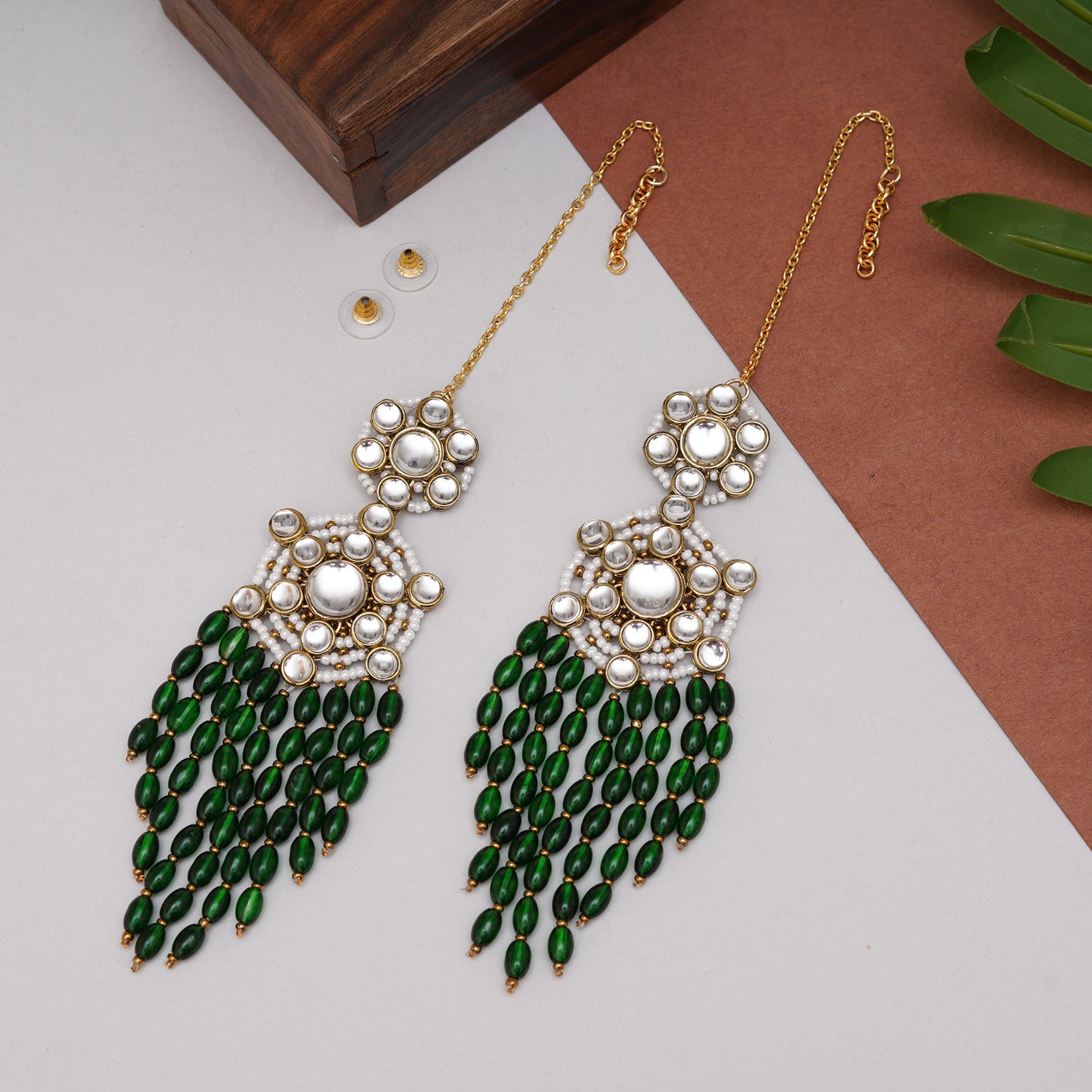 Gold Tone Green Dangling Beads Kundan Kanauti Earrings
