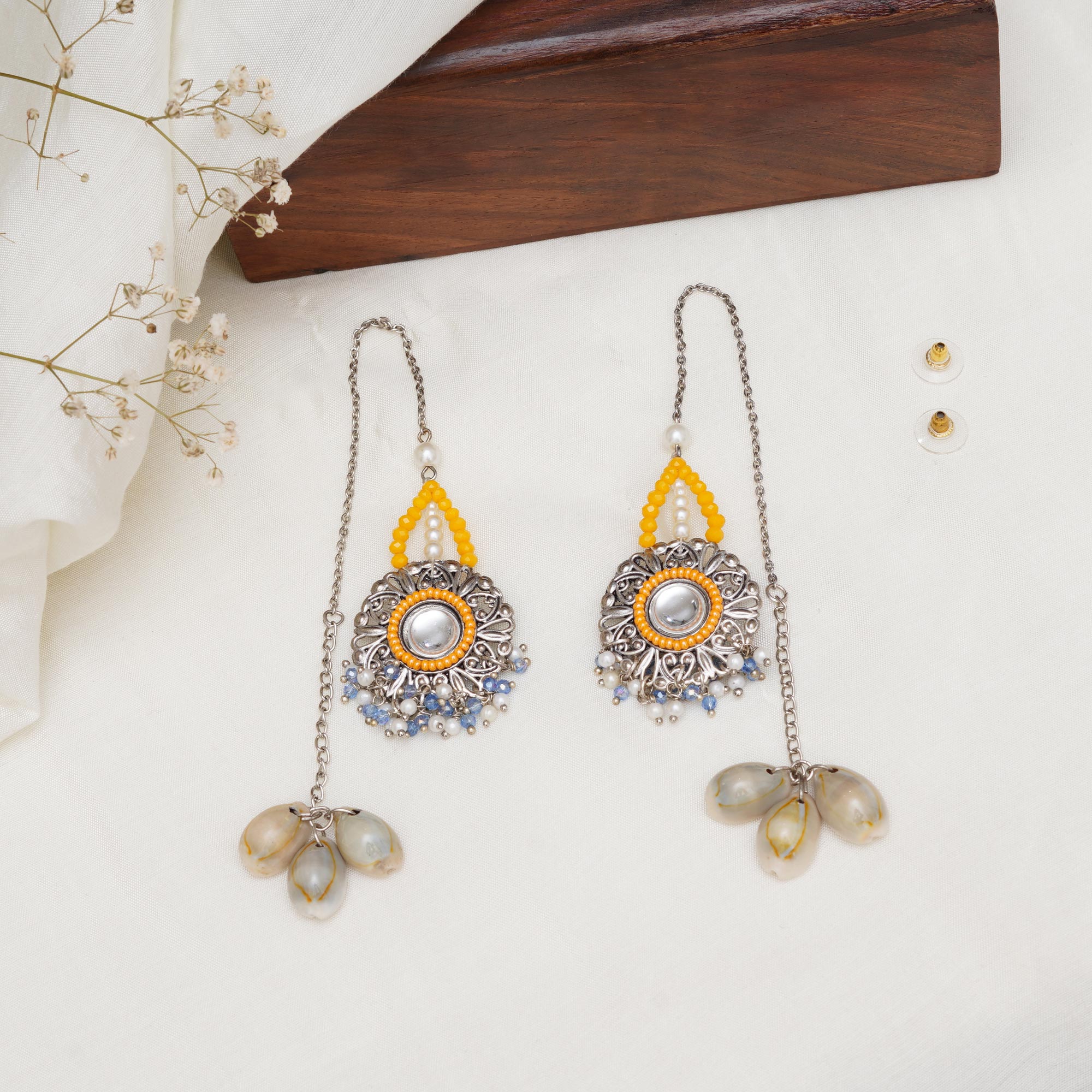 Yellow Beaded Kanuati Earrings With Shells