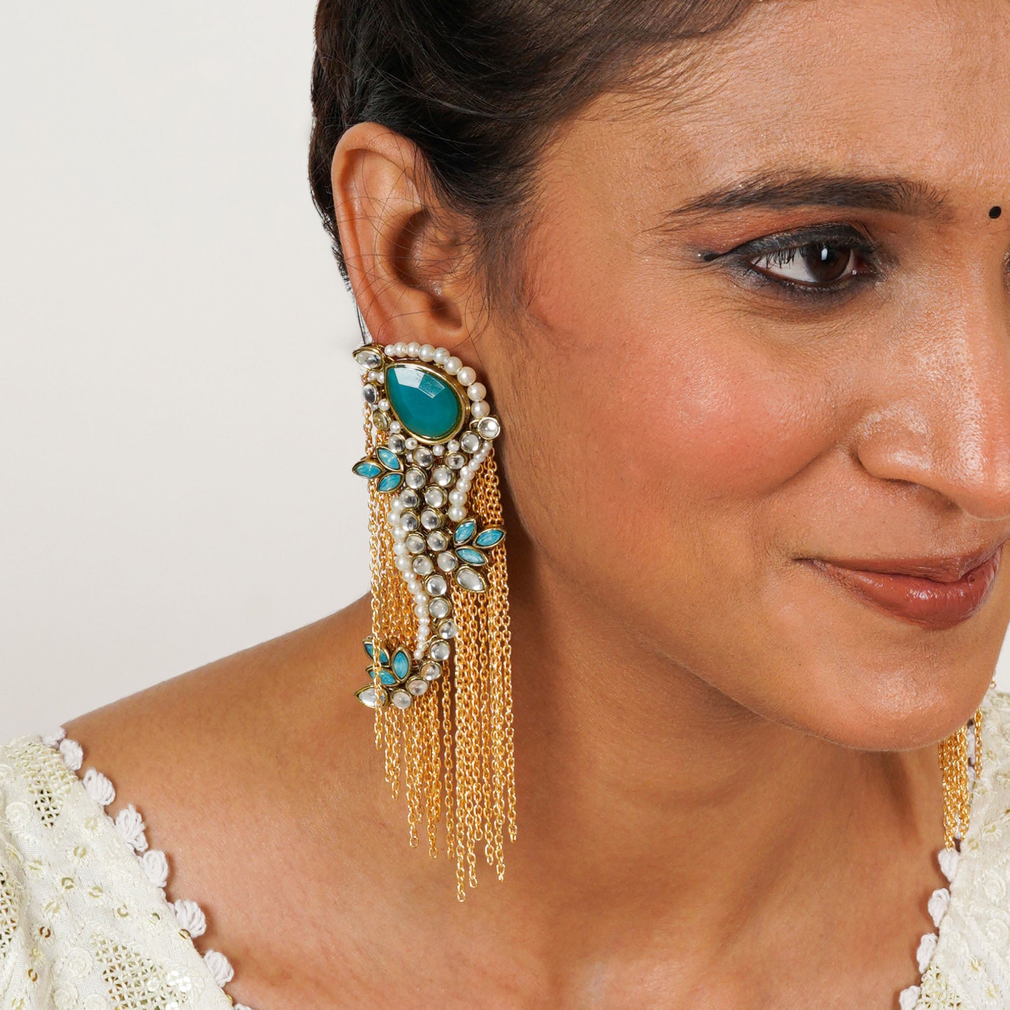 Kundan Peacock Inspired Earrings with Gold Chains and Turquoise Stones