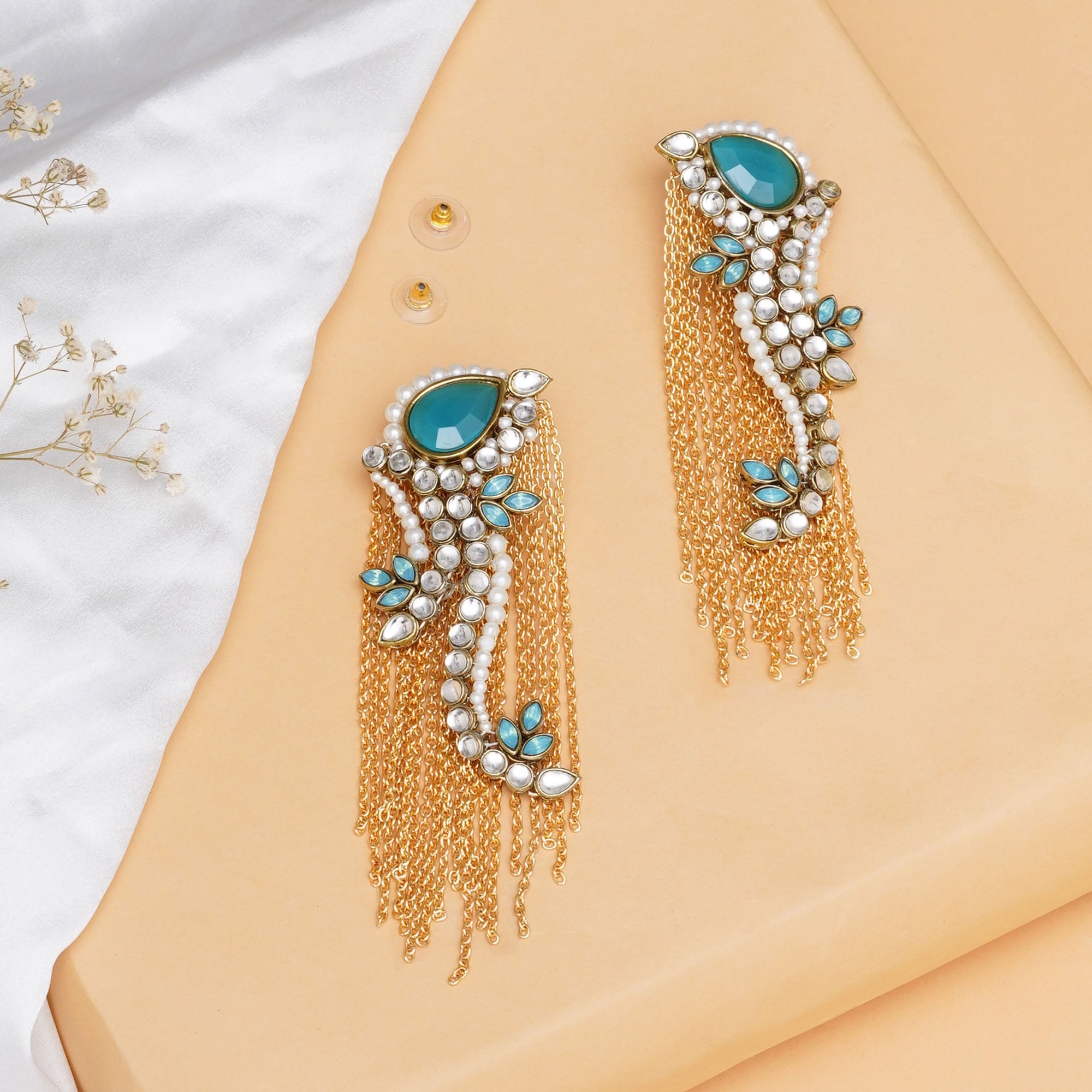 Kundan Peacock Inspired Earrings with Gold Chains and Turquoise Stones