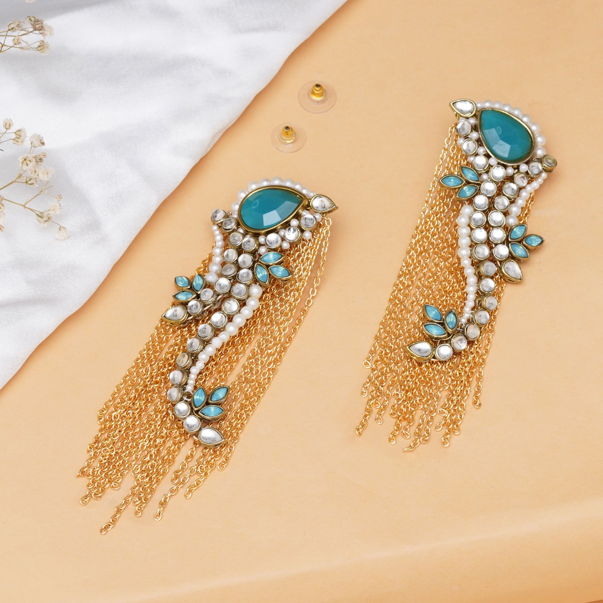 Kundan Peacock Inspired Earrings with Gold Chains and Turquoise Stones