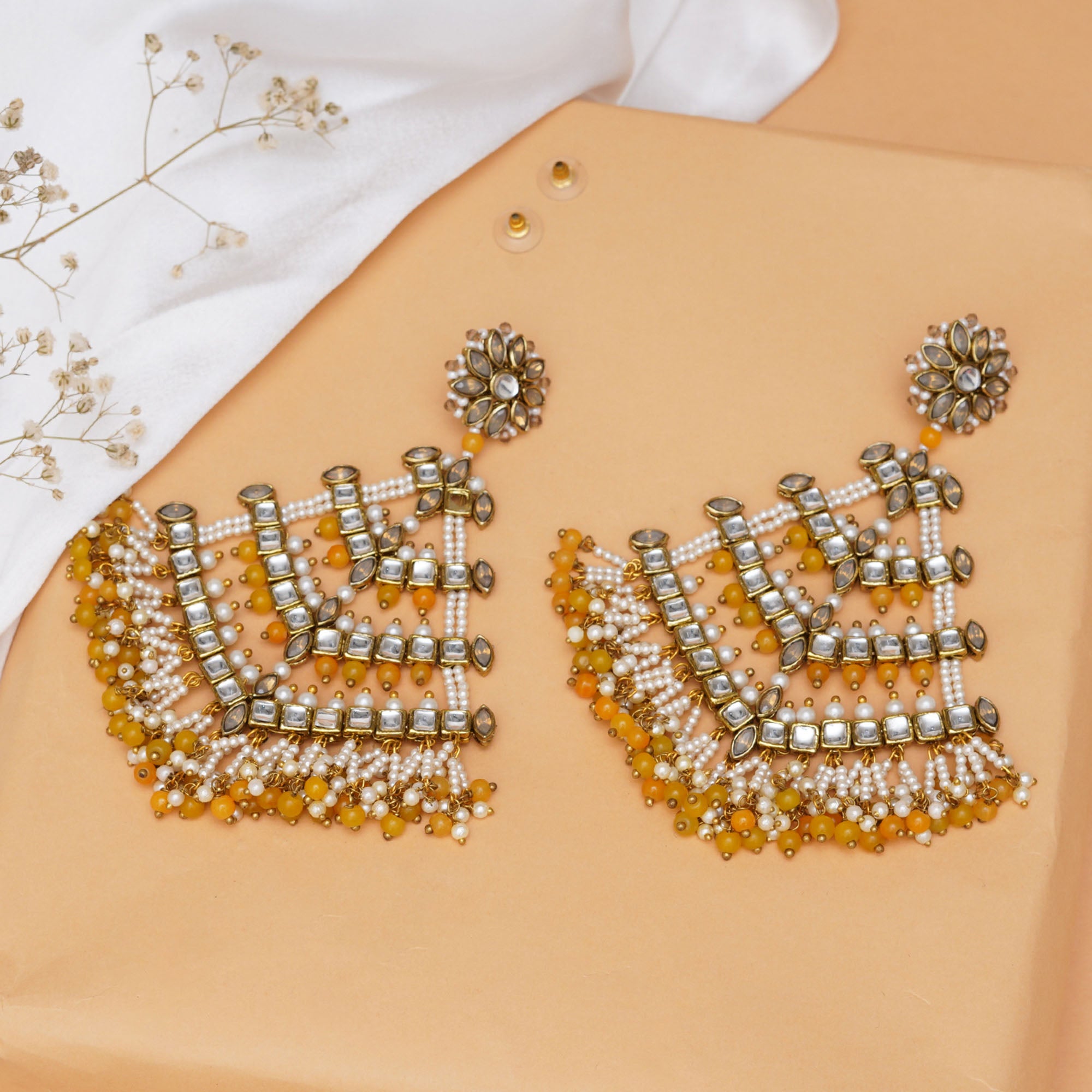 Traditional Kundan Dangler Earrings with Yellow Beads & White Pearls