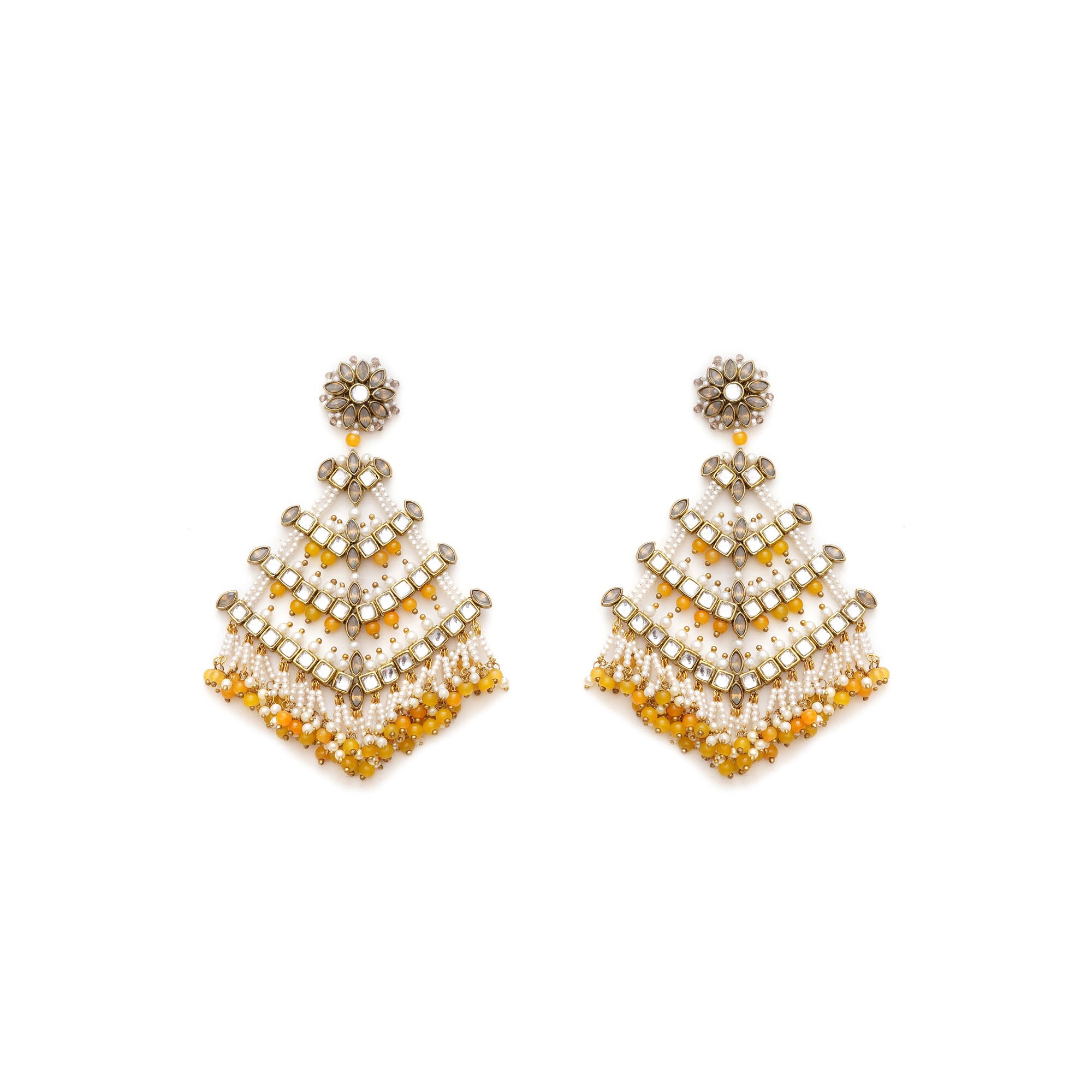 Traditional Kundan Dangler Earrings with Yellow Beads & White Pearls