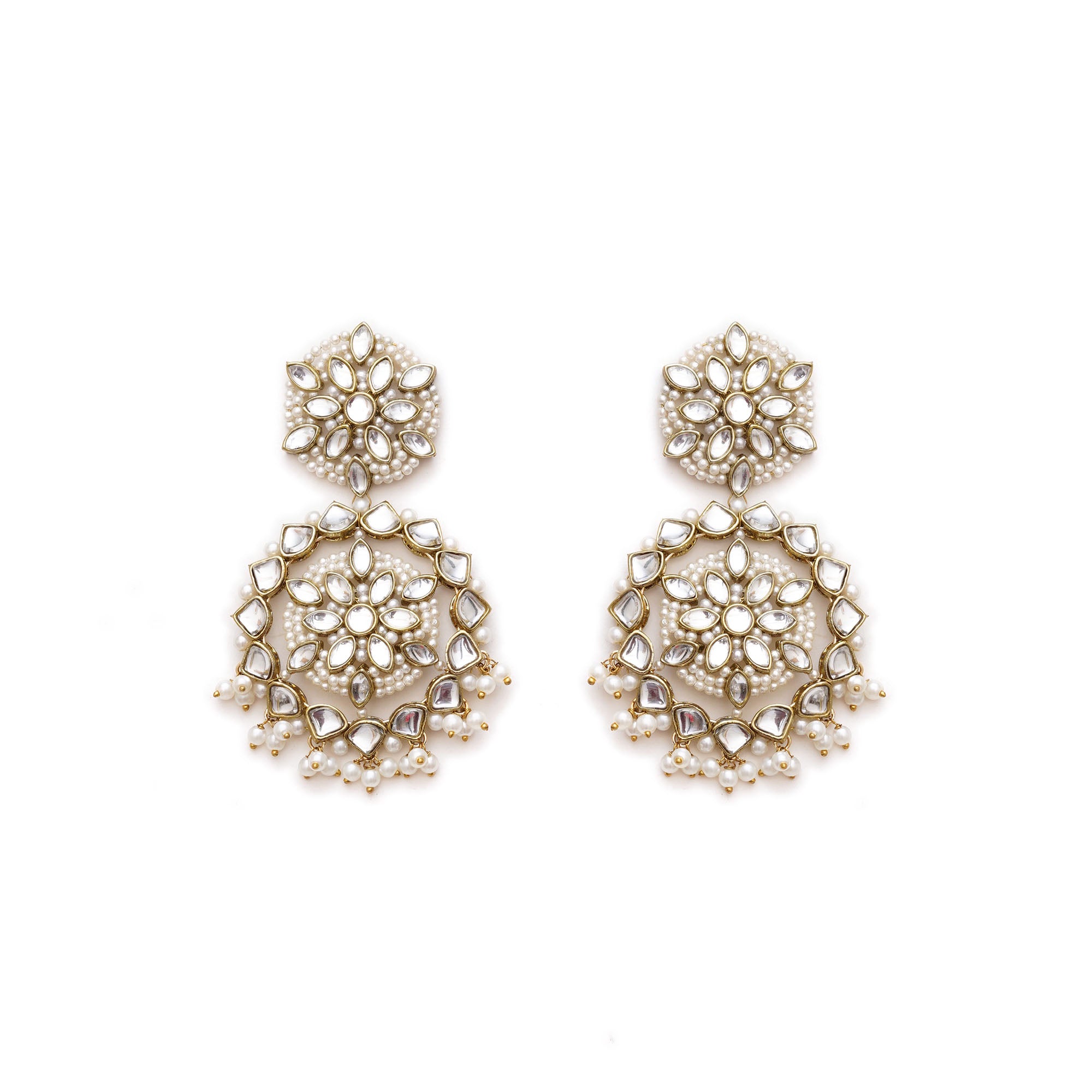 Handcrafted Kundan Flower Stud Earrings with Pearl Fringe