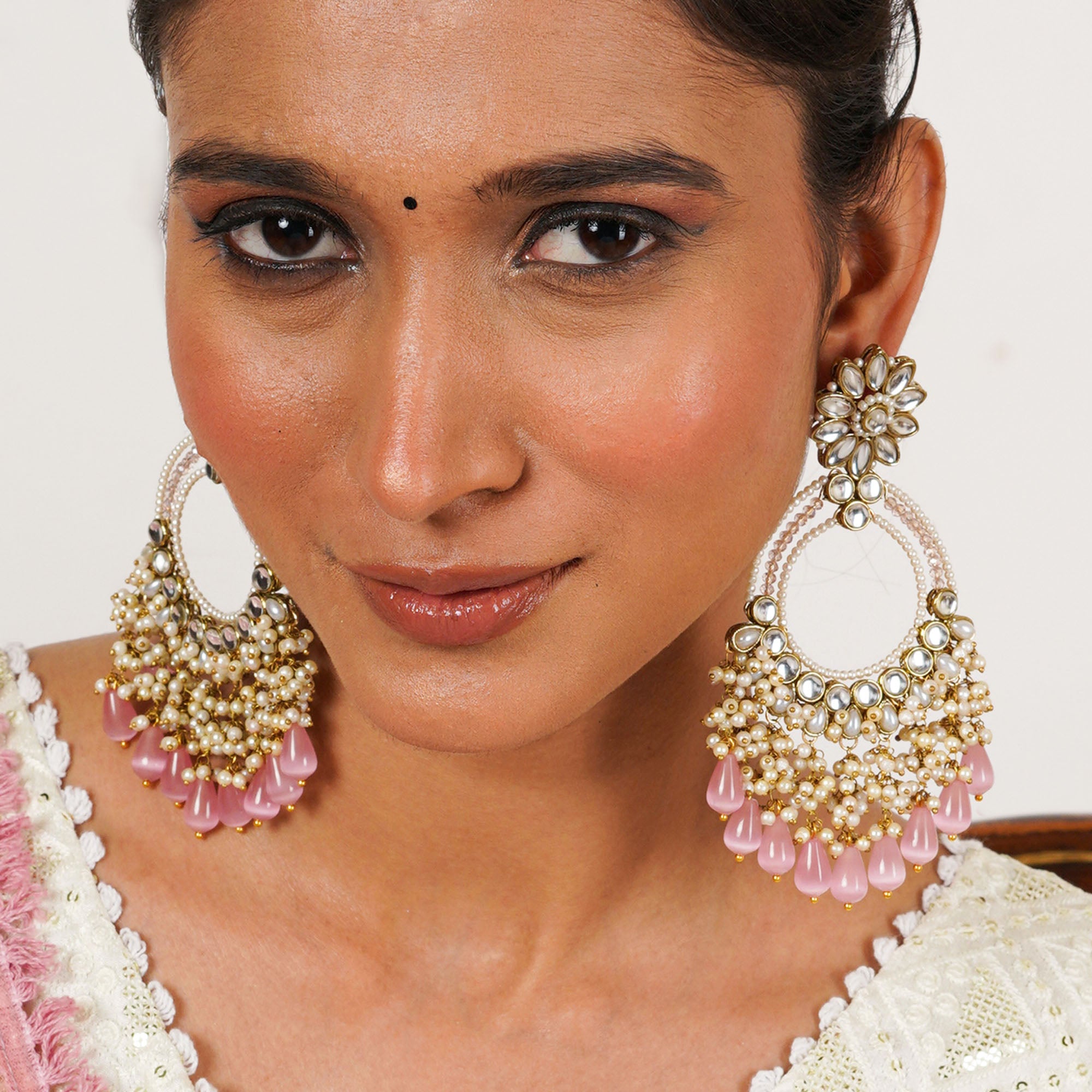 Rose Pink Crystal Kundan Chandbali Earrings with Pearls