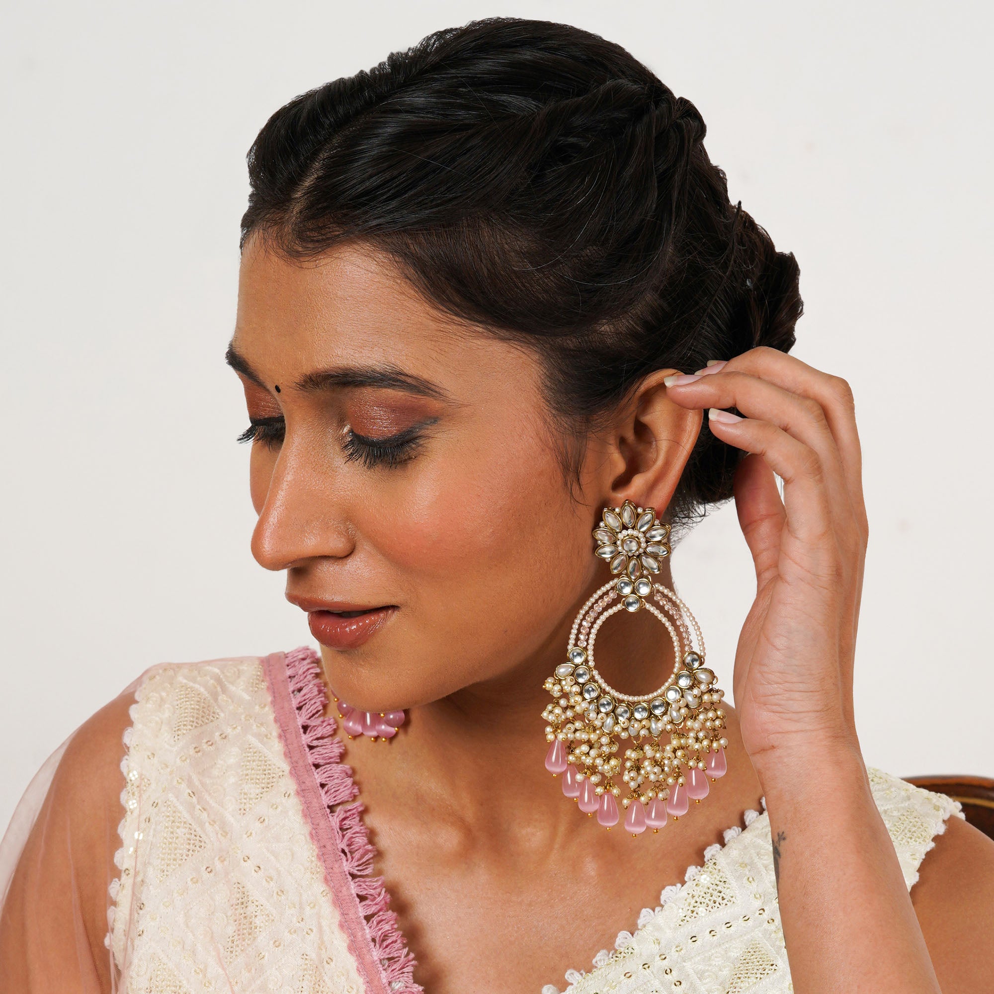 Rose Pink Crystal Kundan Chandbali Earrings with Pearls