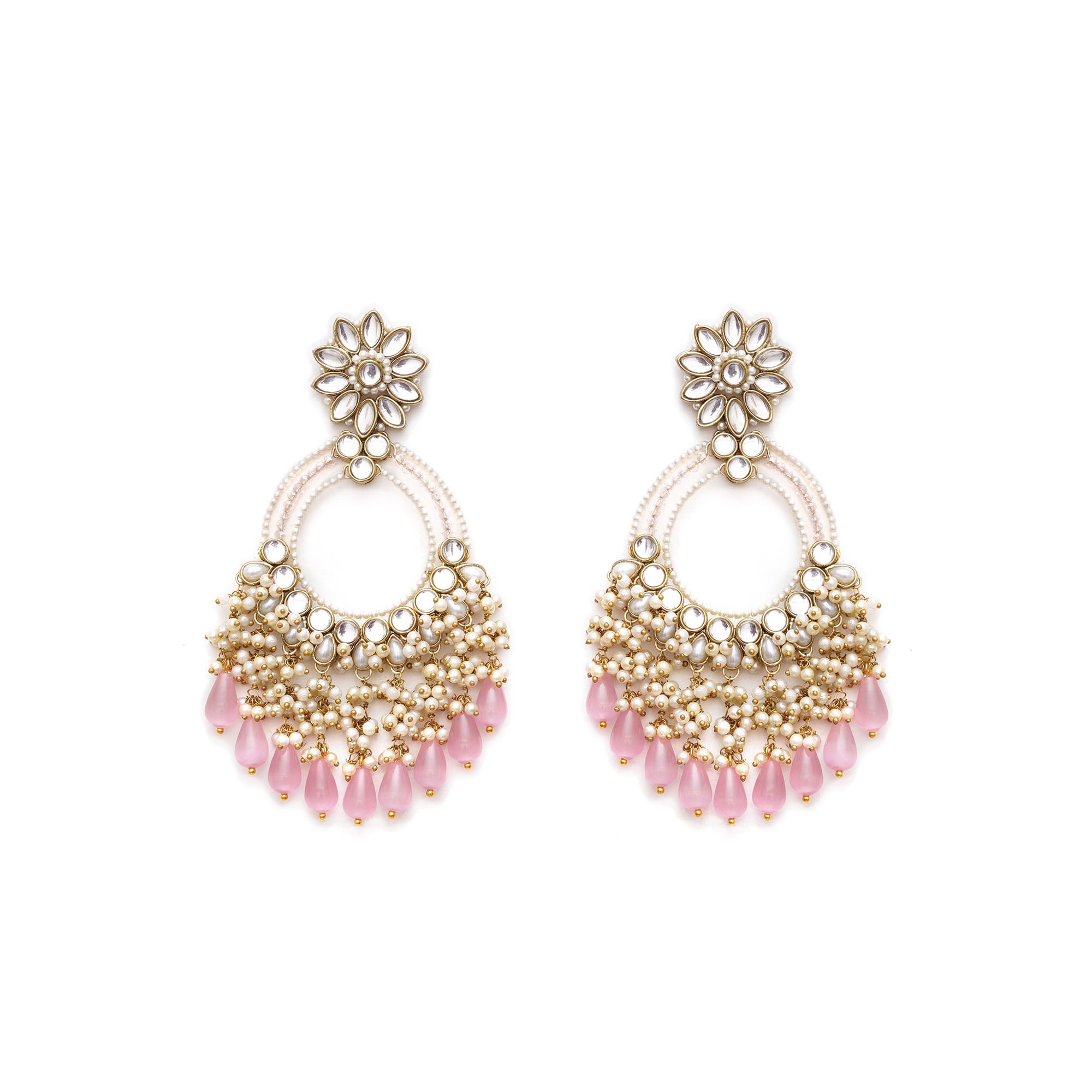 Rose Pink Crystal Kundan Chandbali Earrings with Pearls