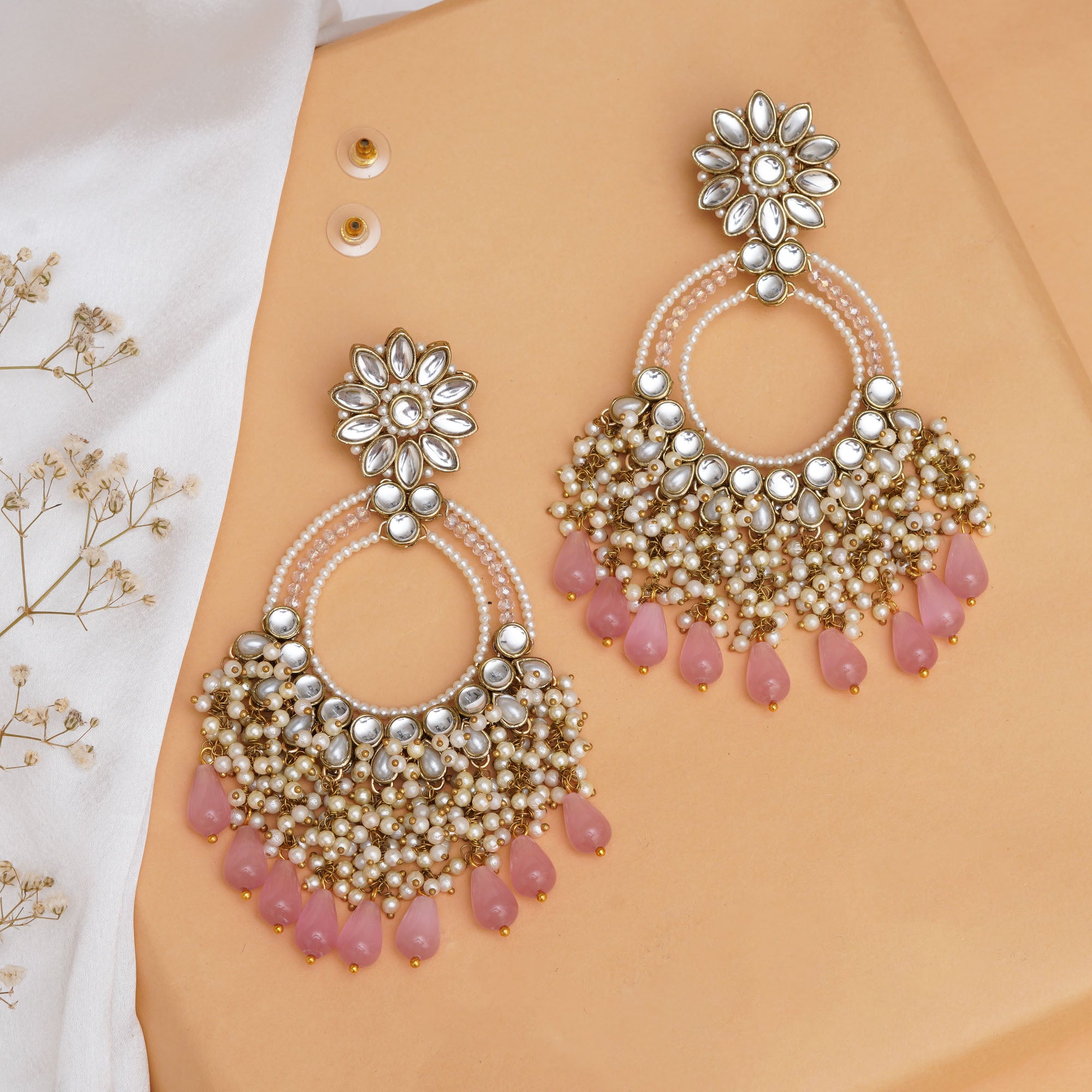 Rose Pink Crystal Kundan Chandbali Earrings with Pearls